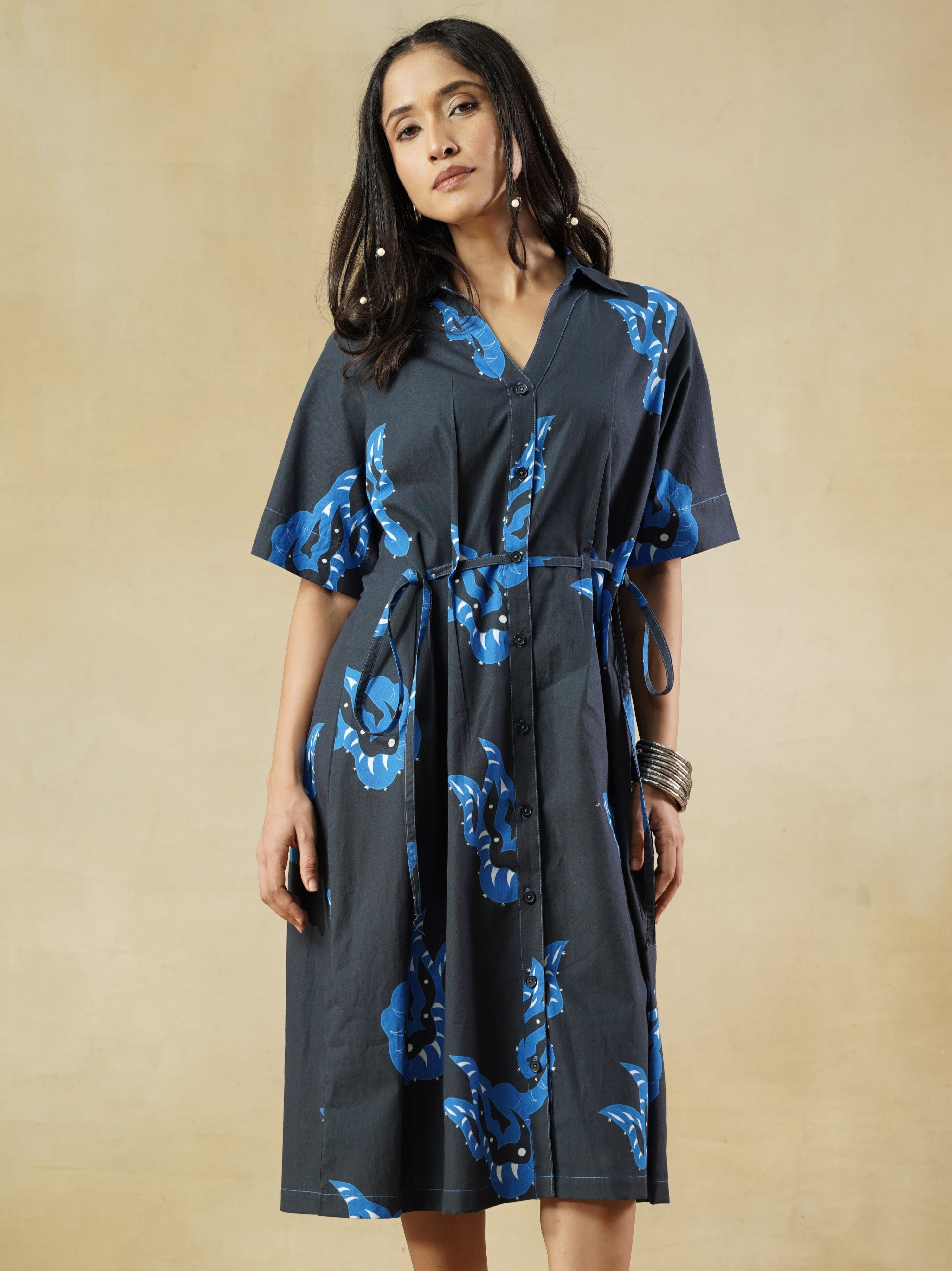 Dark Navy Printed Shirt Dress with abstract Motifs