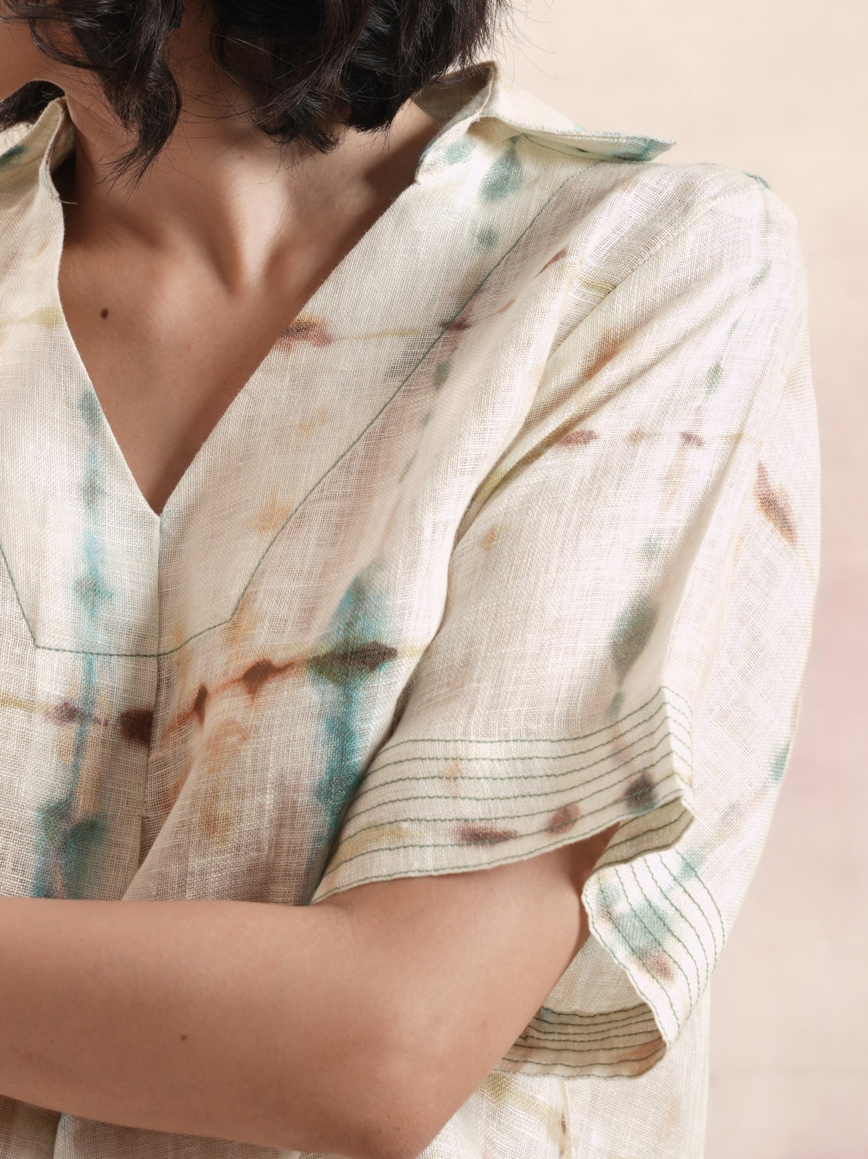 Women's Cream Printed Linen Tunic