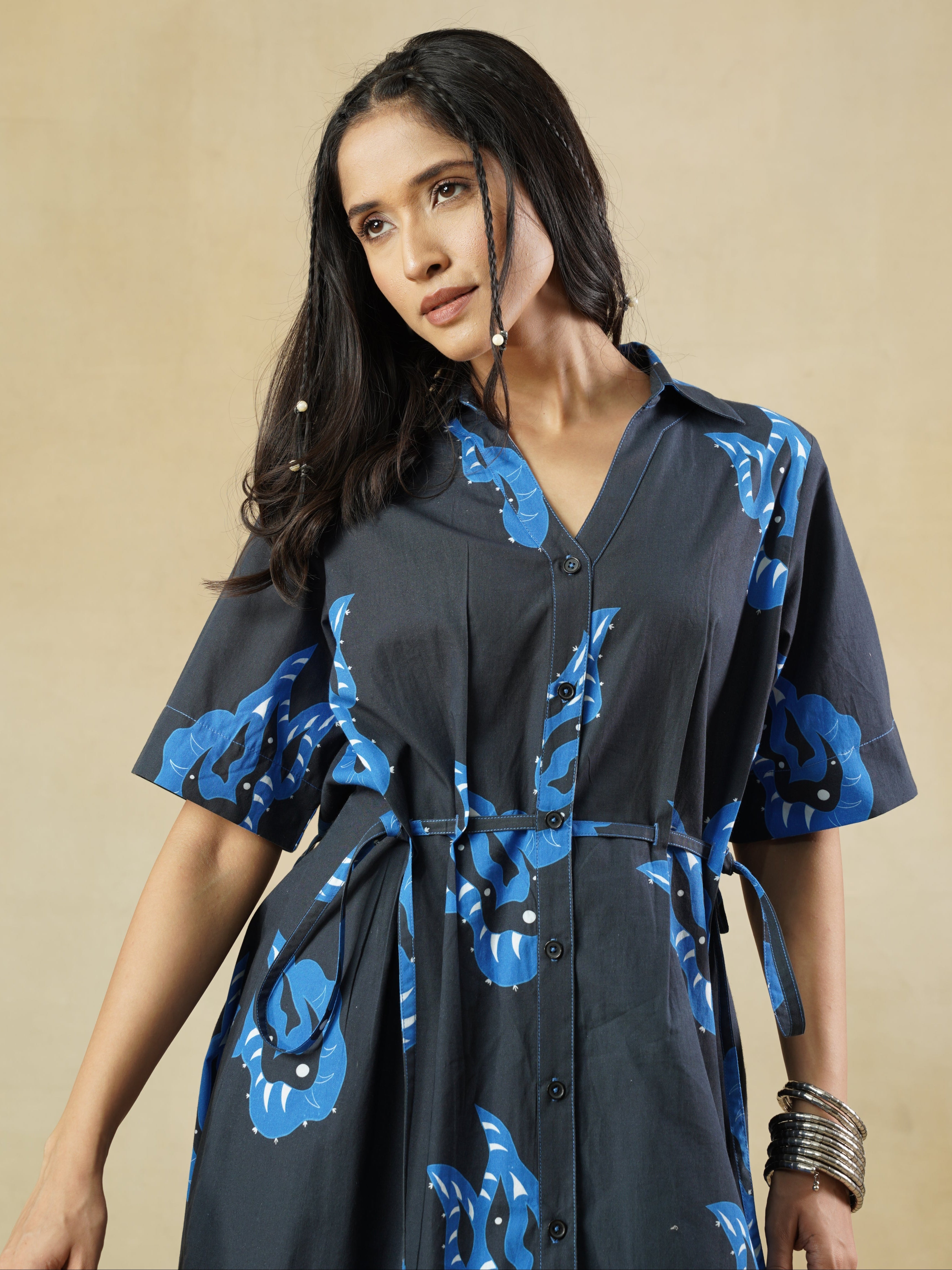 Dark Navy Printed Shirt Dress with abstract Motifs