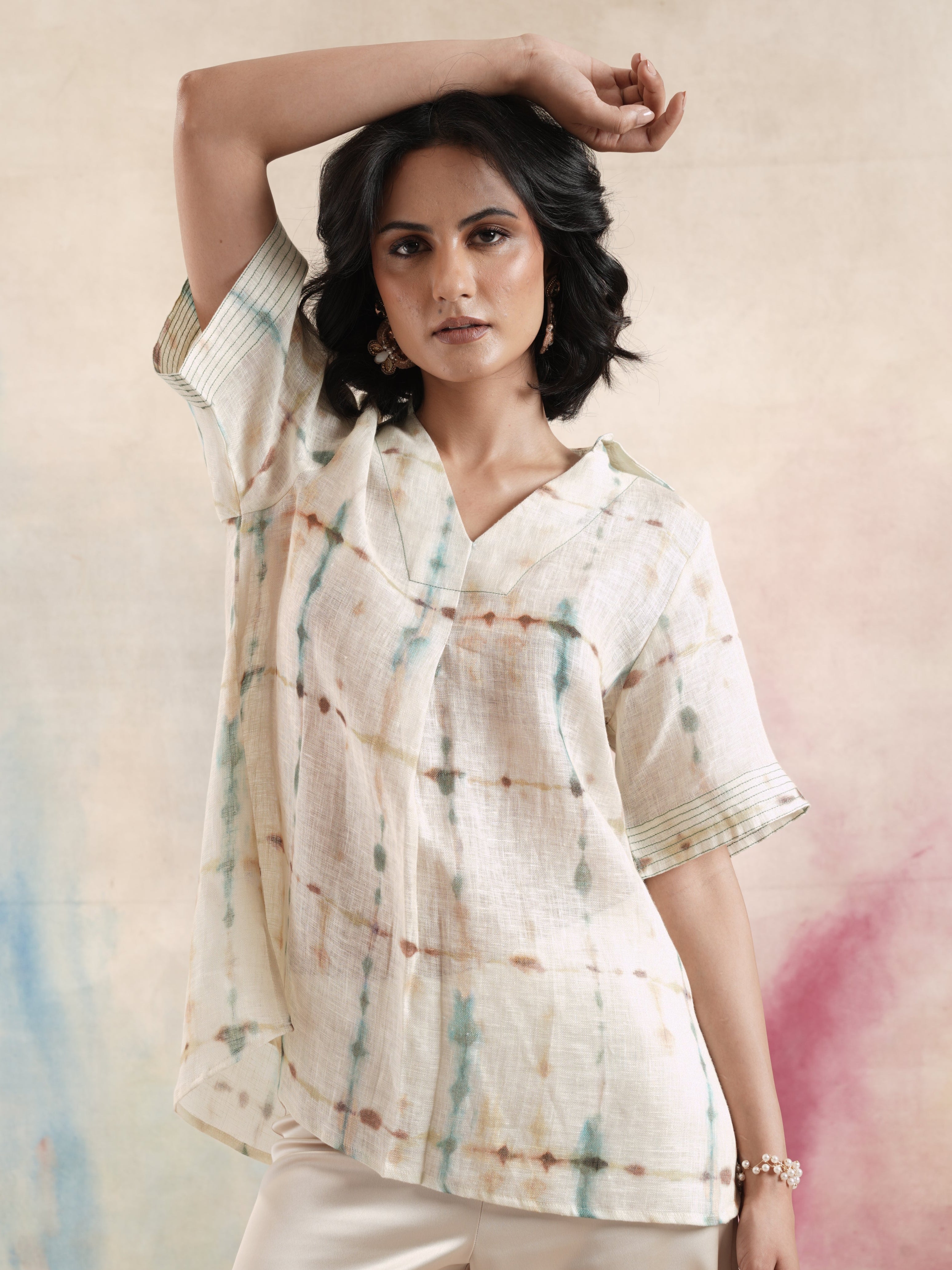 Women's Cream Printed Linen Tunic