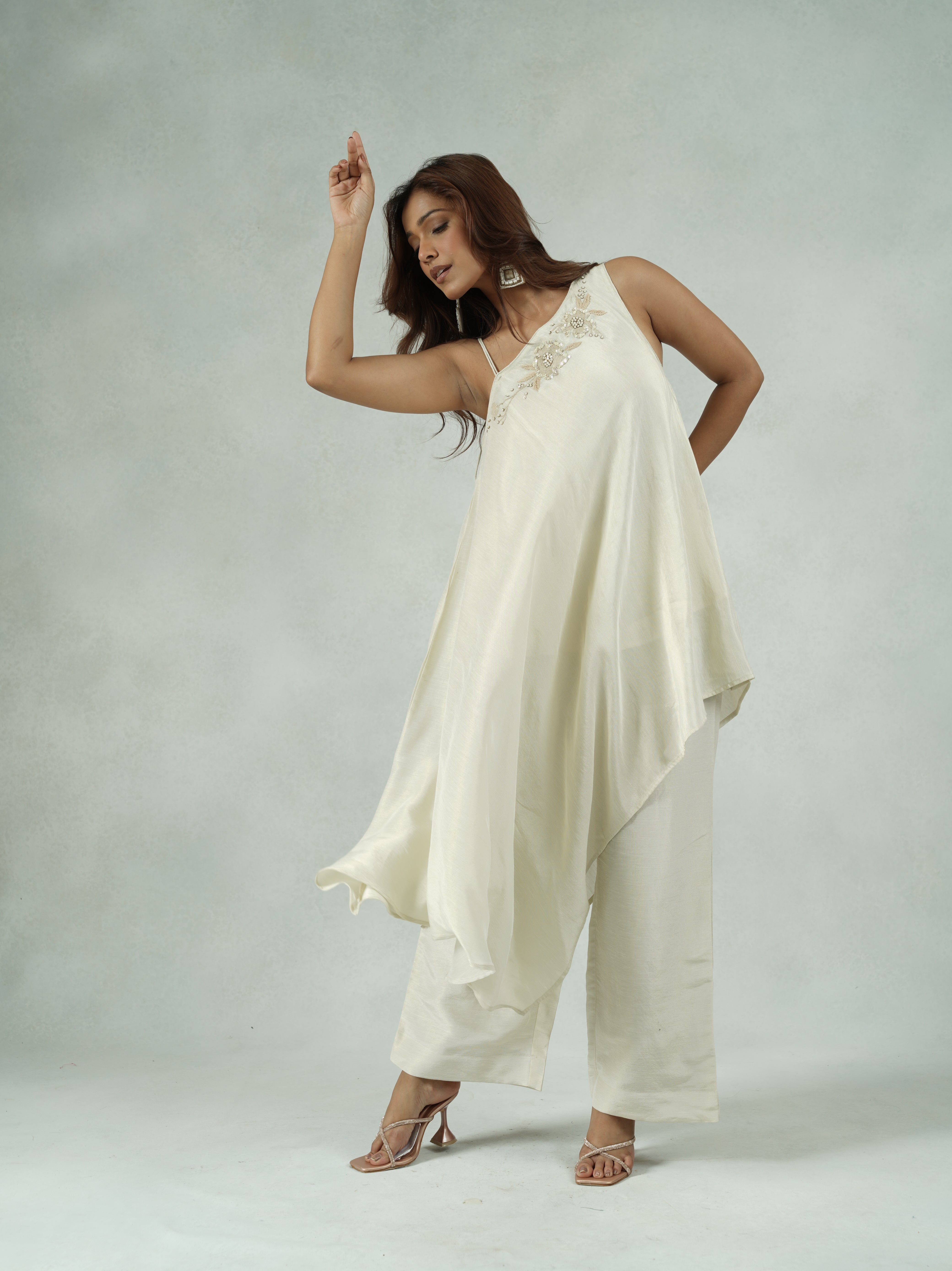 Off-White Linen Asymmetric Co-ord Set with Embroidery