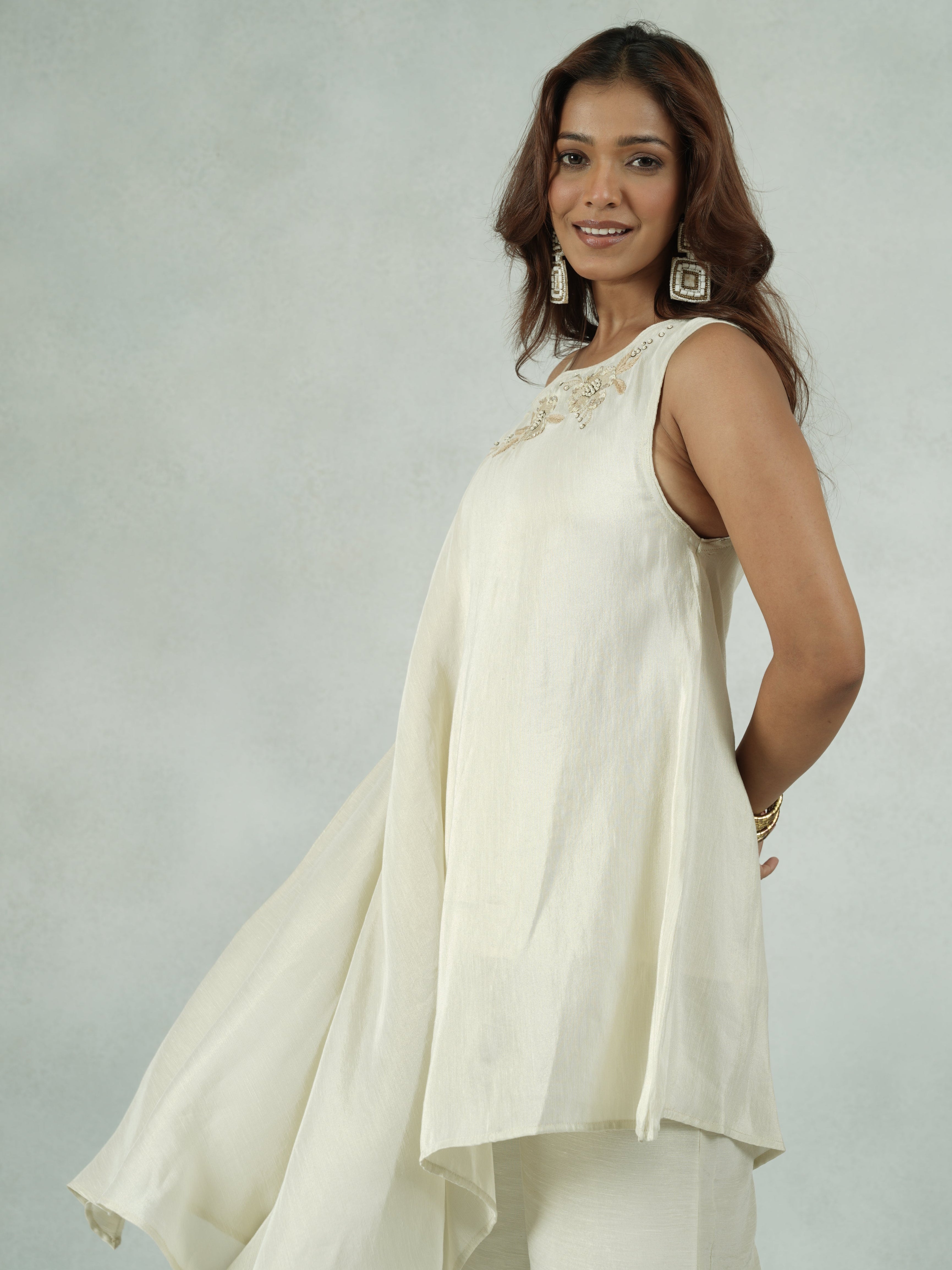 Off-White Linen Asymmetric Co-ord Set with Embroidery