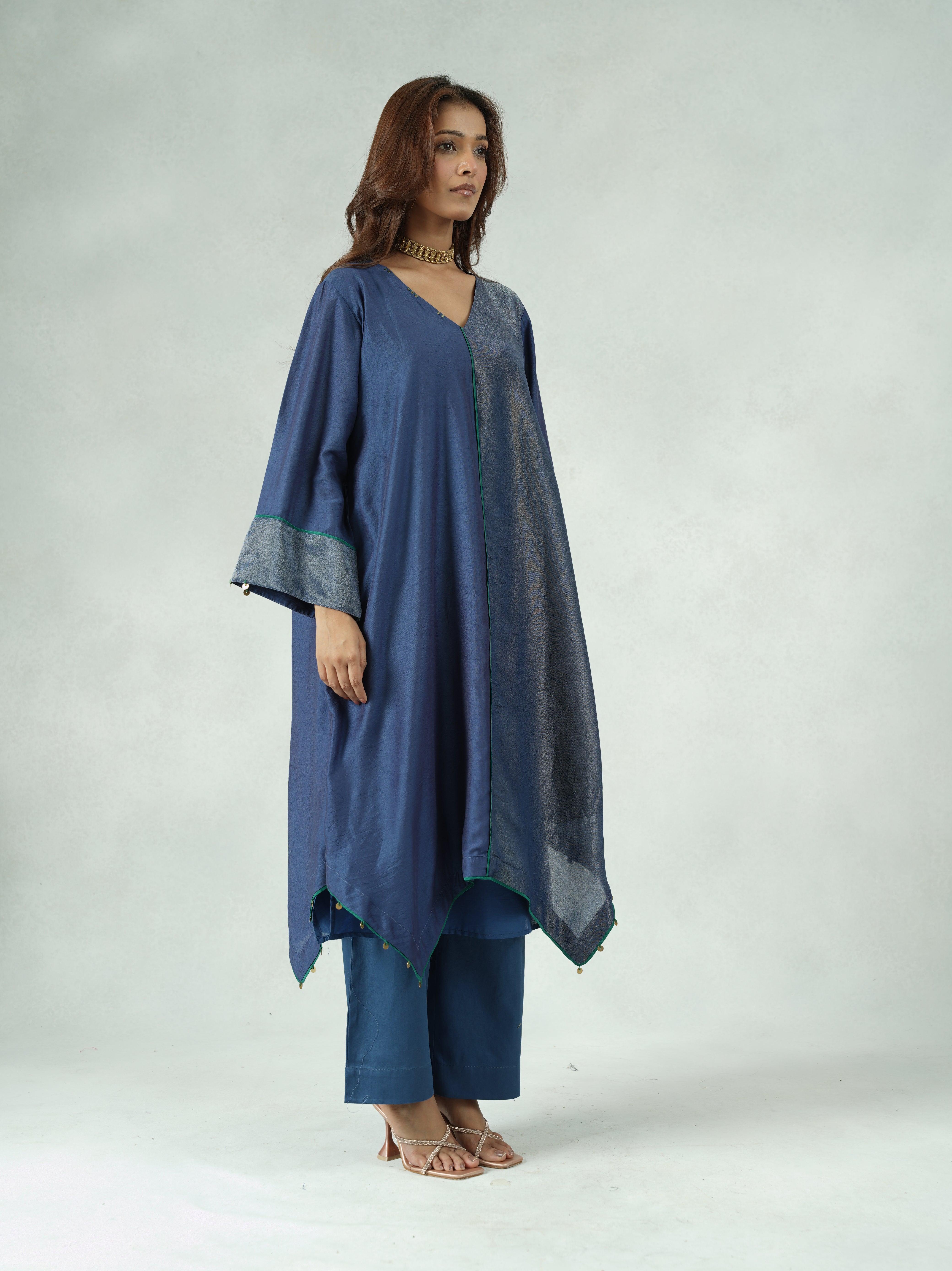 Blue Chanderi High-Low Kurta Pant Set
