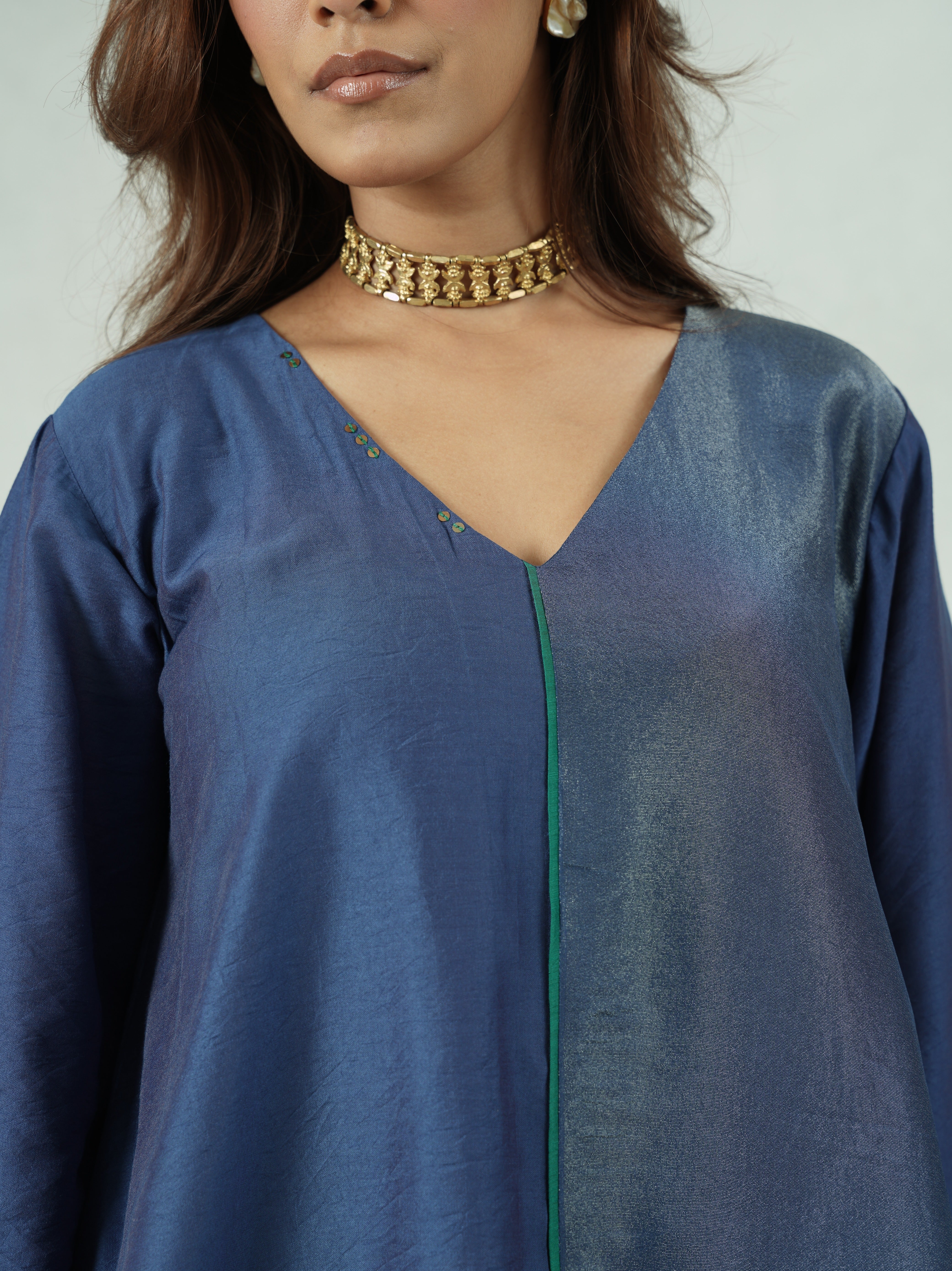 Blue Chanderi High-Low Kurta Pant Set