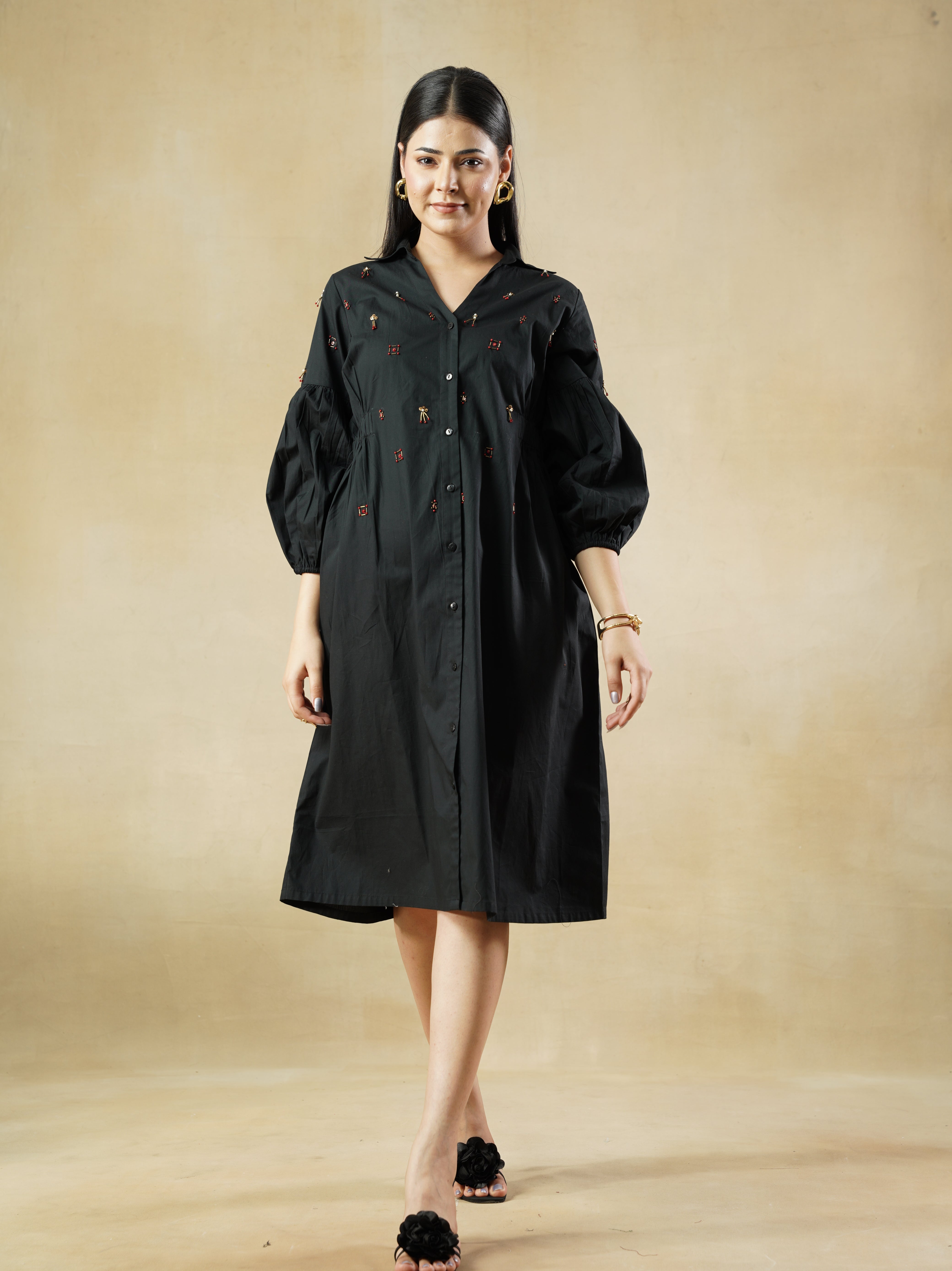 Black Beaded Shirt Dress with Bishop Sleeves