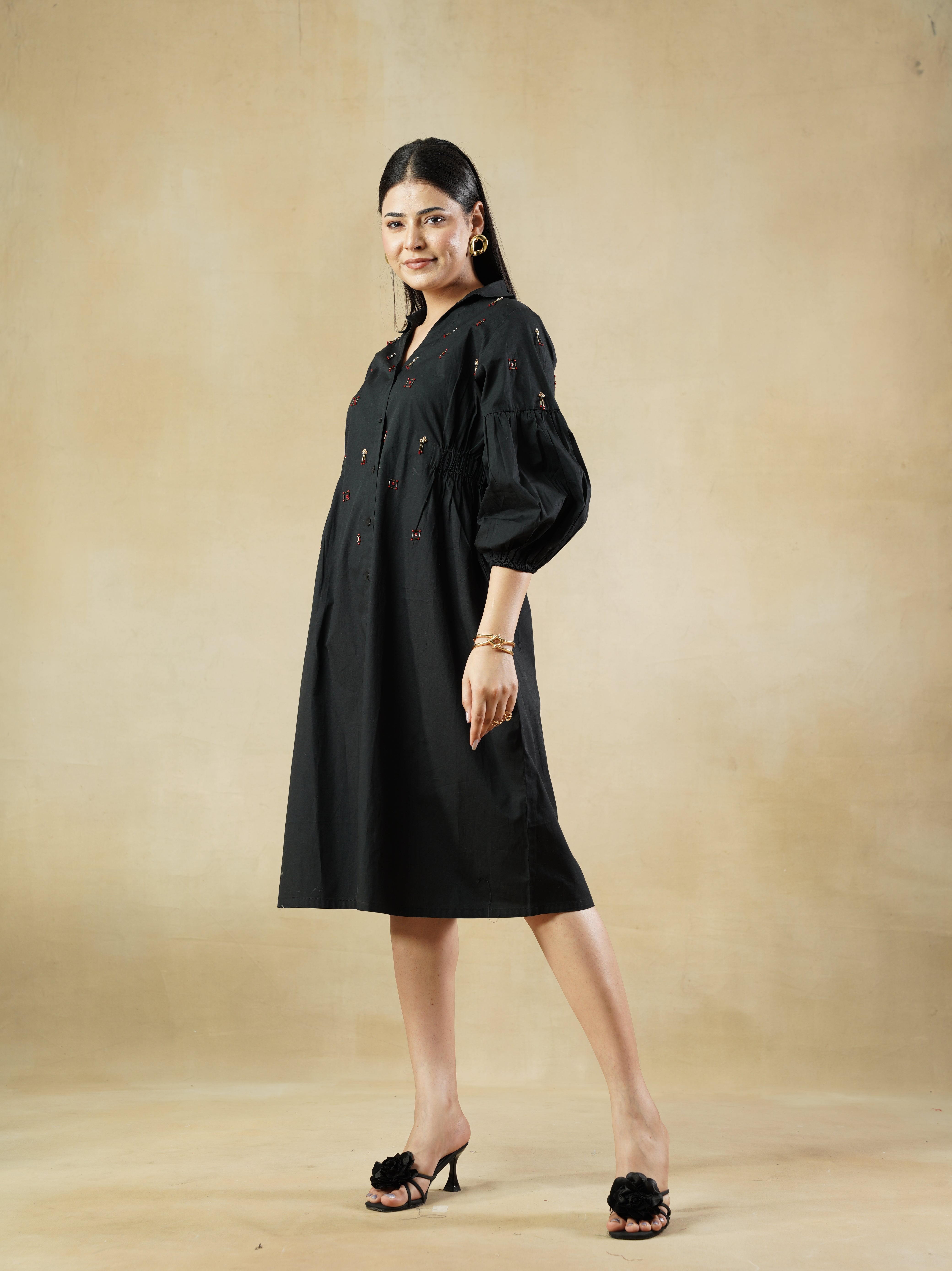 Black Beaded Shirt Dress with Bishop Sleeves