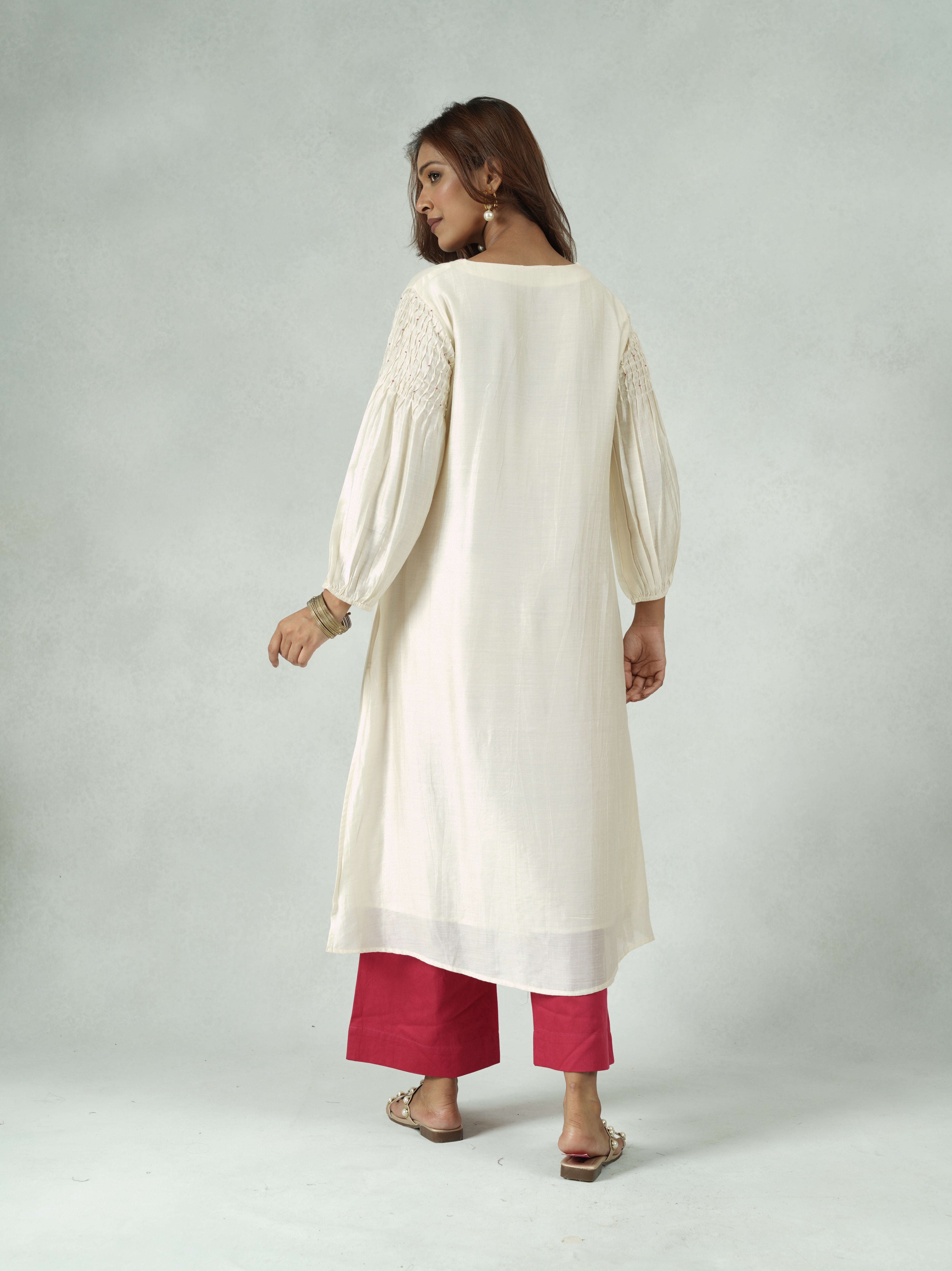 Off-White Chanderi Hand-Embroidered Kurta