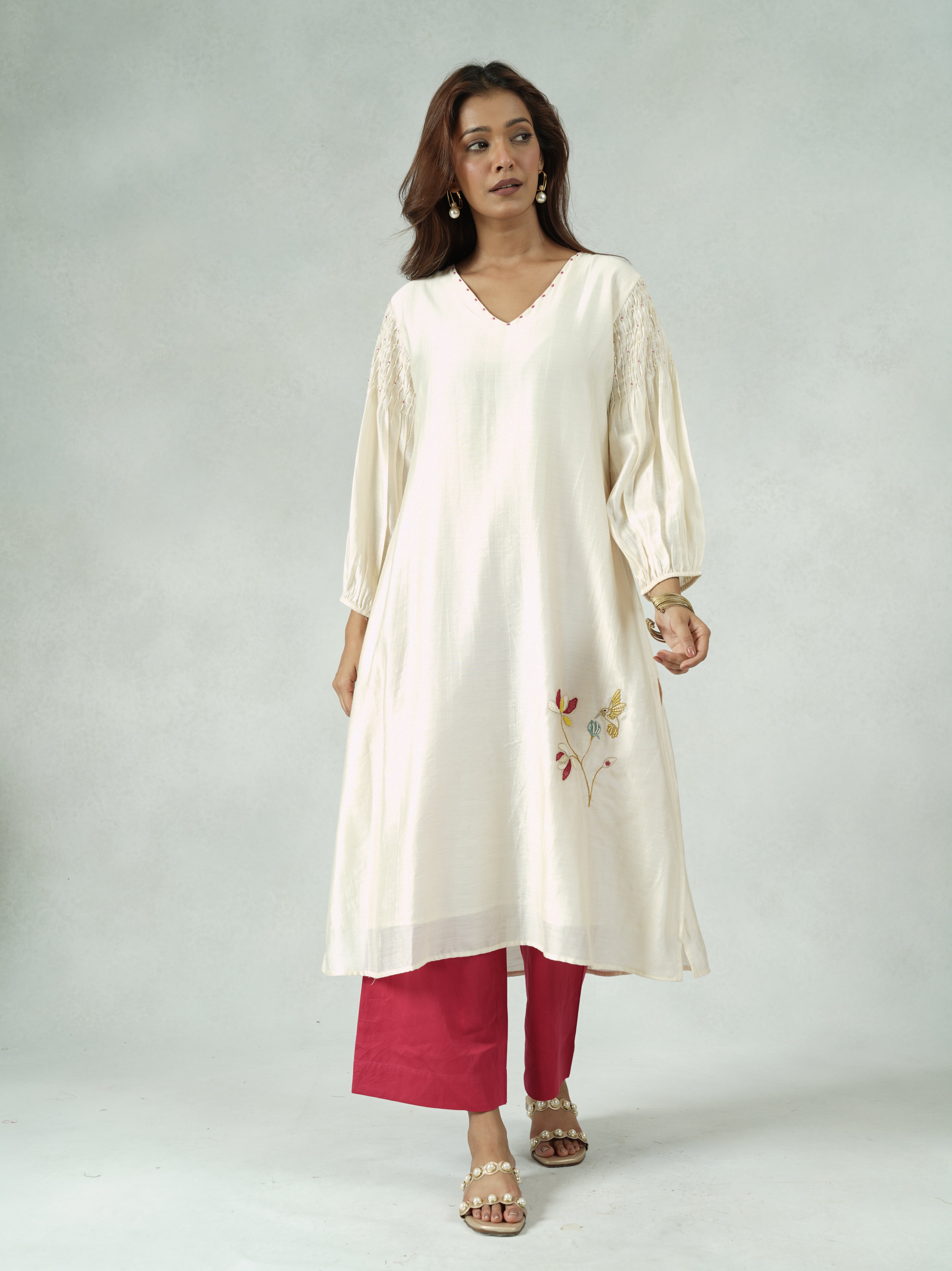 Off-White Chanderi Hand-Embroidered Kurta