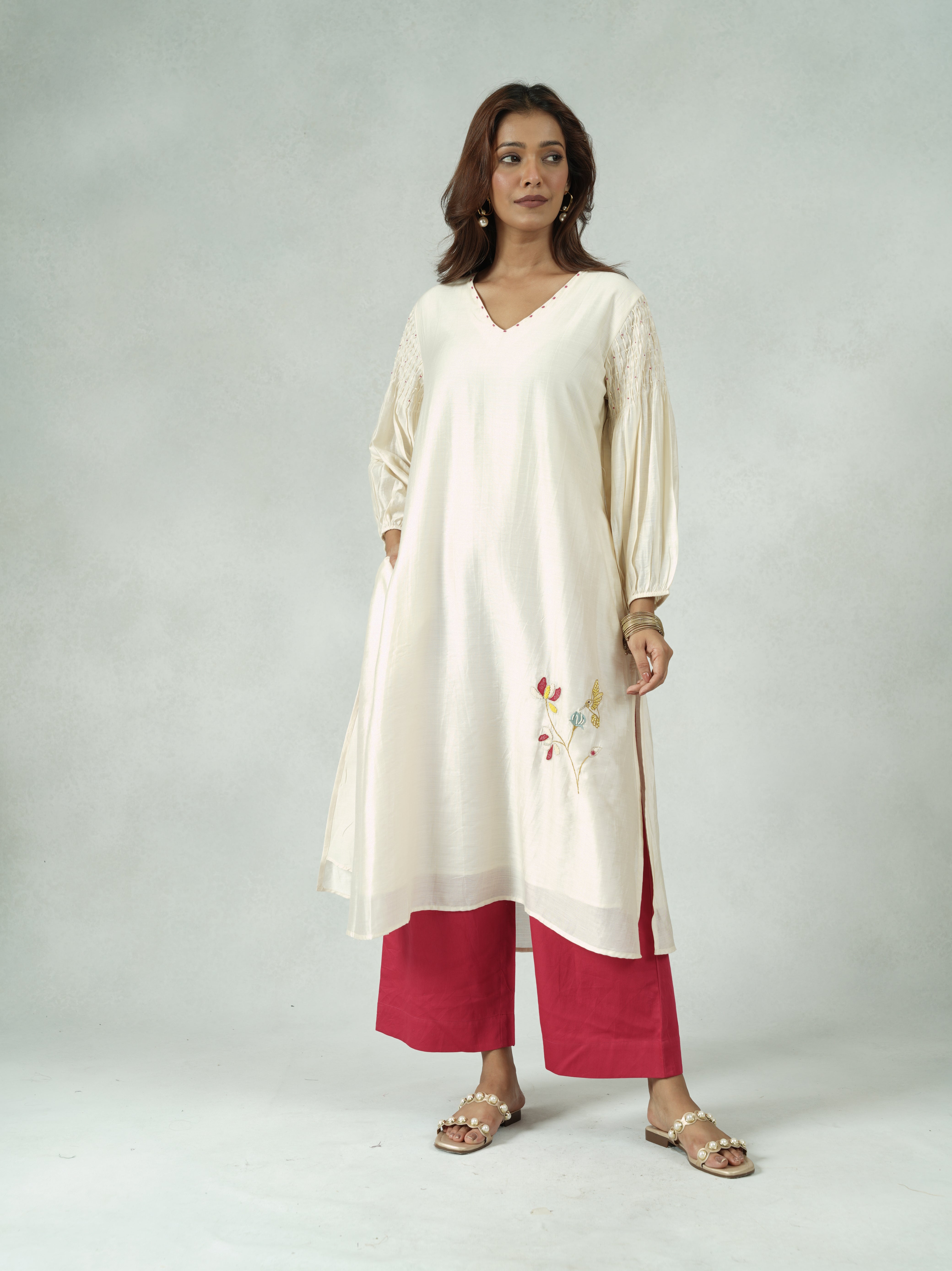 Off-White Chanderi Hand-Embroidered Kurta