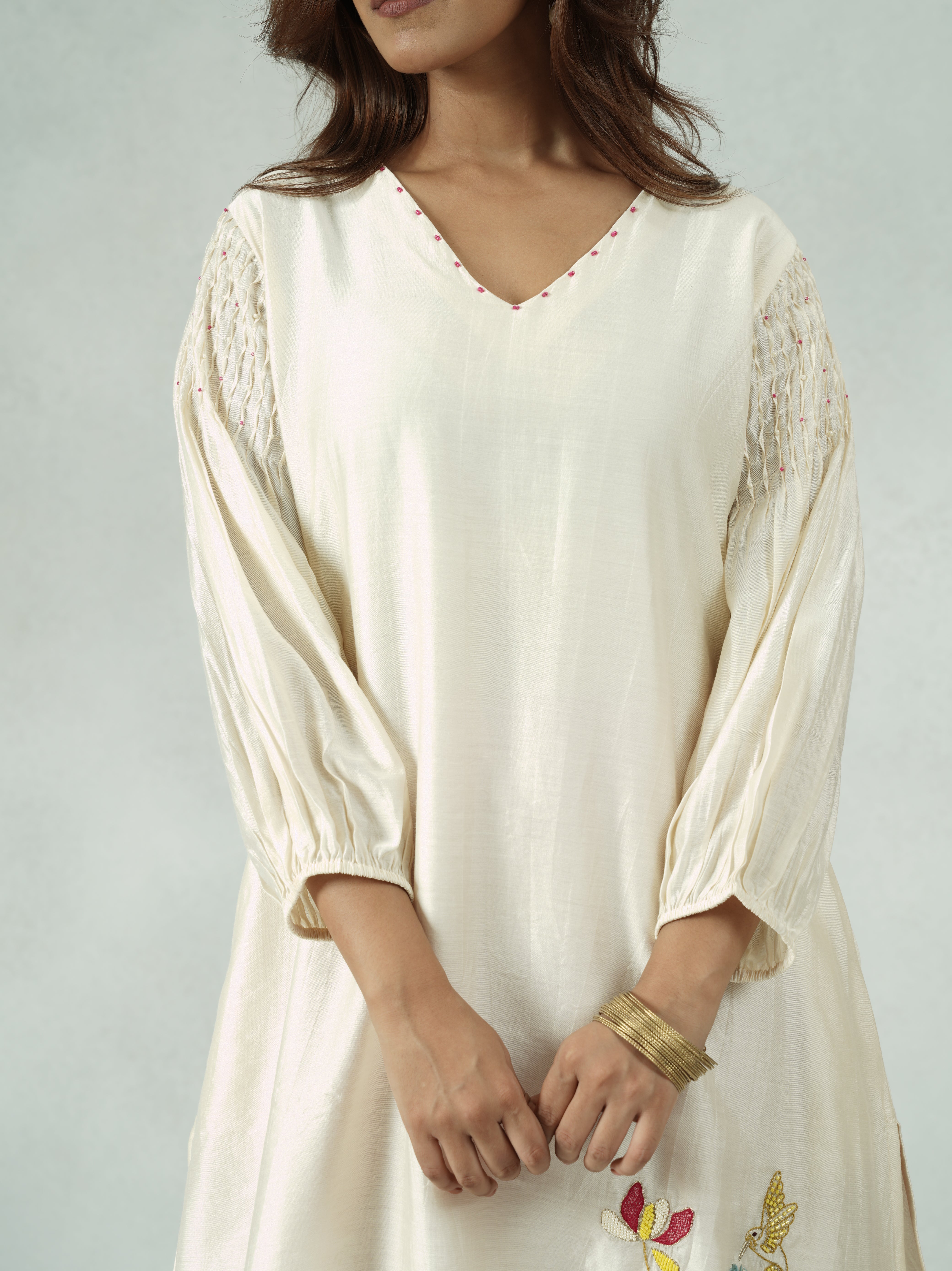 Off-White Chanderi Hand-Embroidered Kurta
