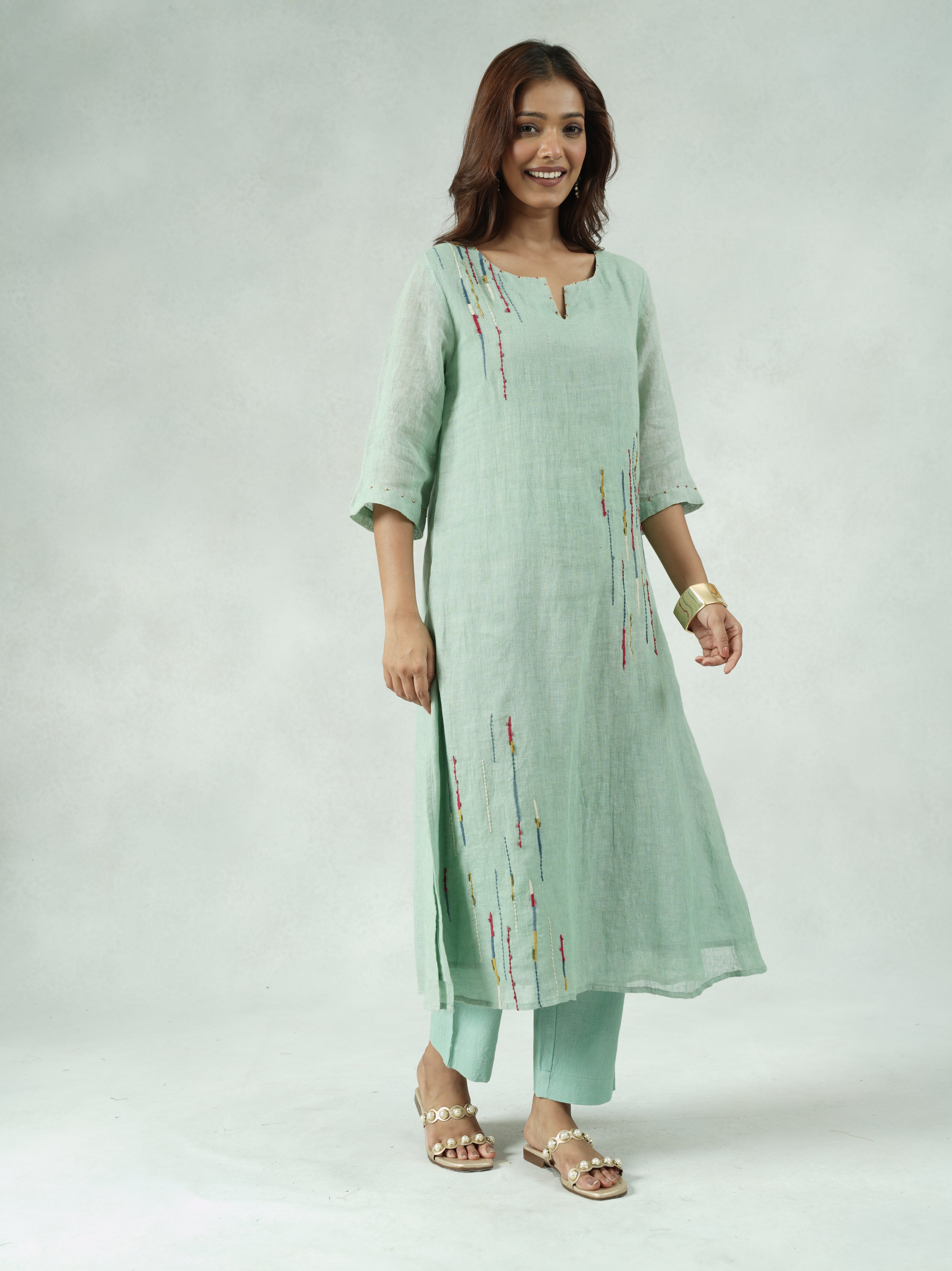 Mint Green Linen Kurta Set with Thread Embroidery