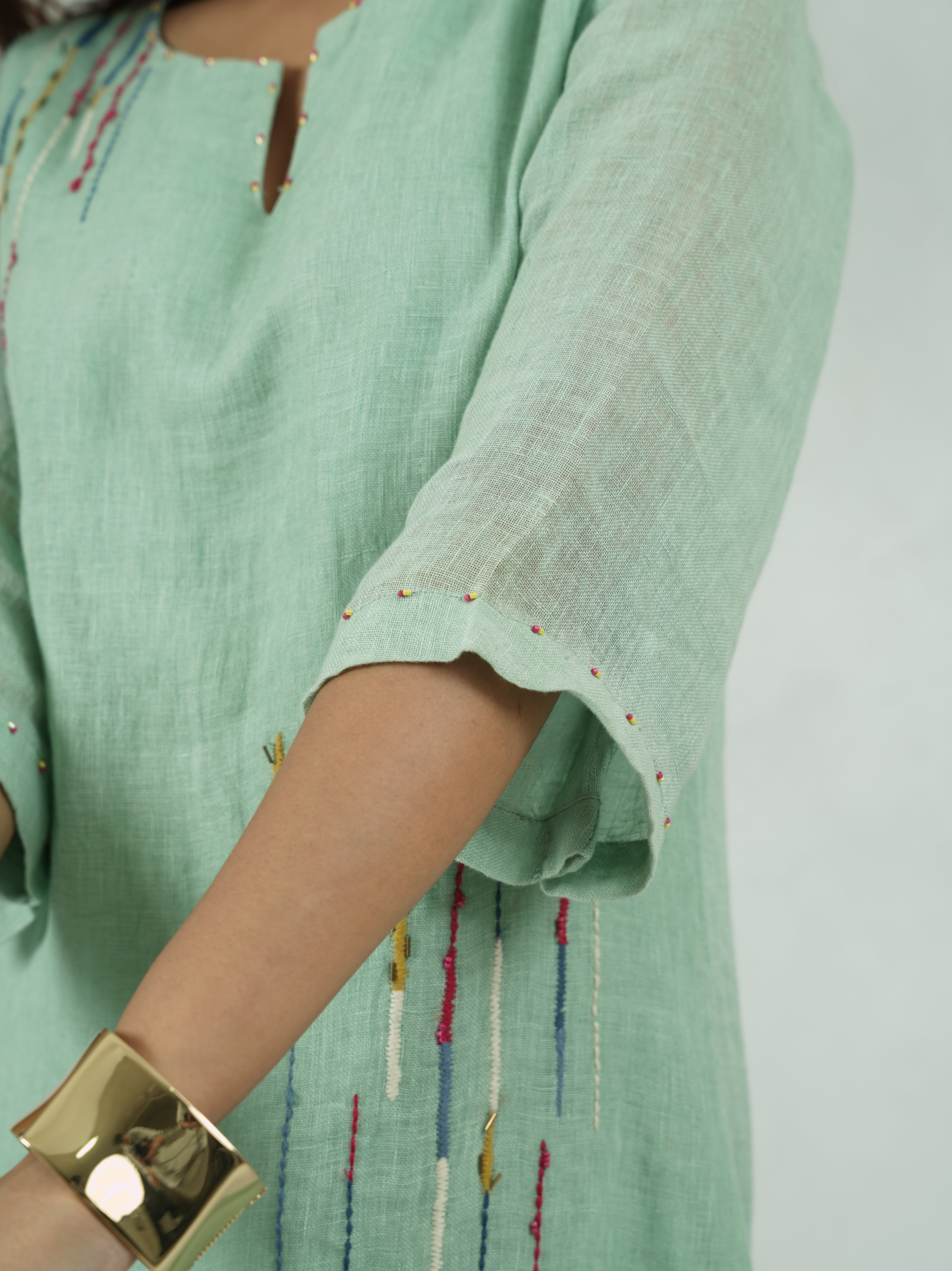 Mint Green Linen Kurta Set with Thread Embroidery