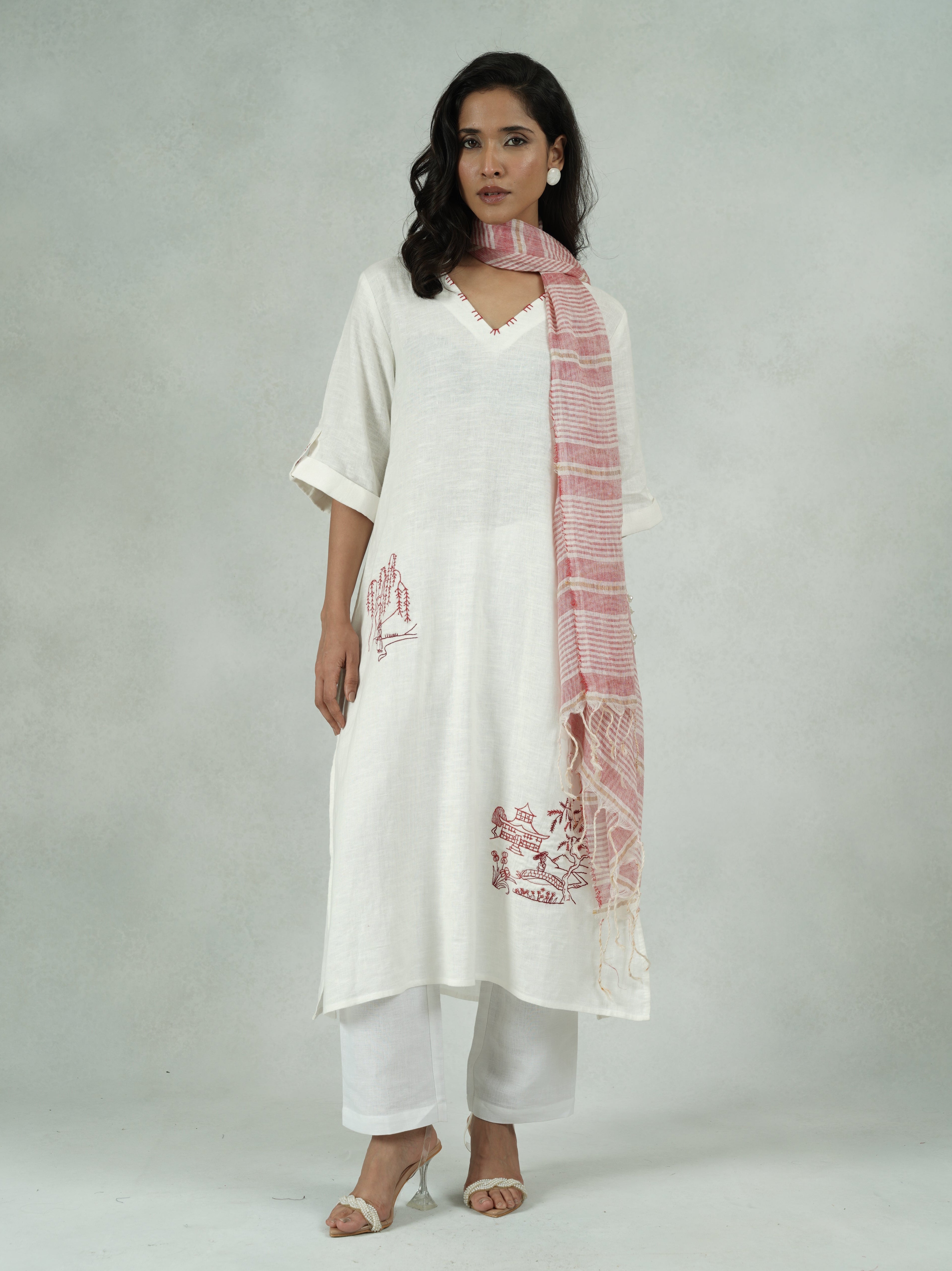 White Linen Kurta Set with Line Art Embroidery – Jahnavi
