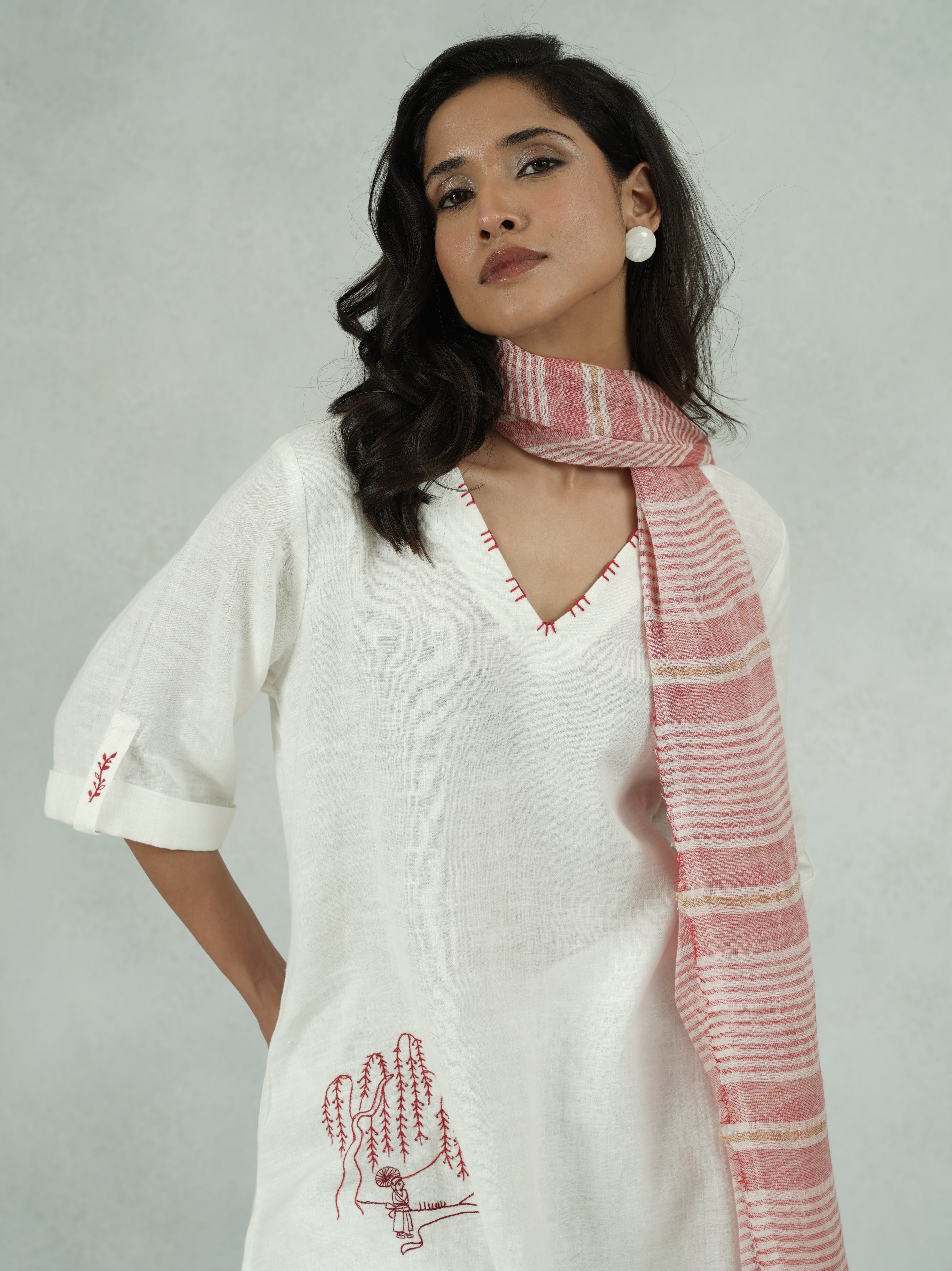 White Linen Kurta Set with Line Art Embroidery – Jahnavi