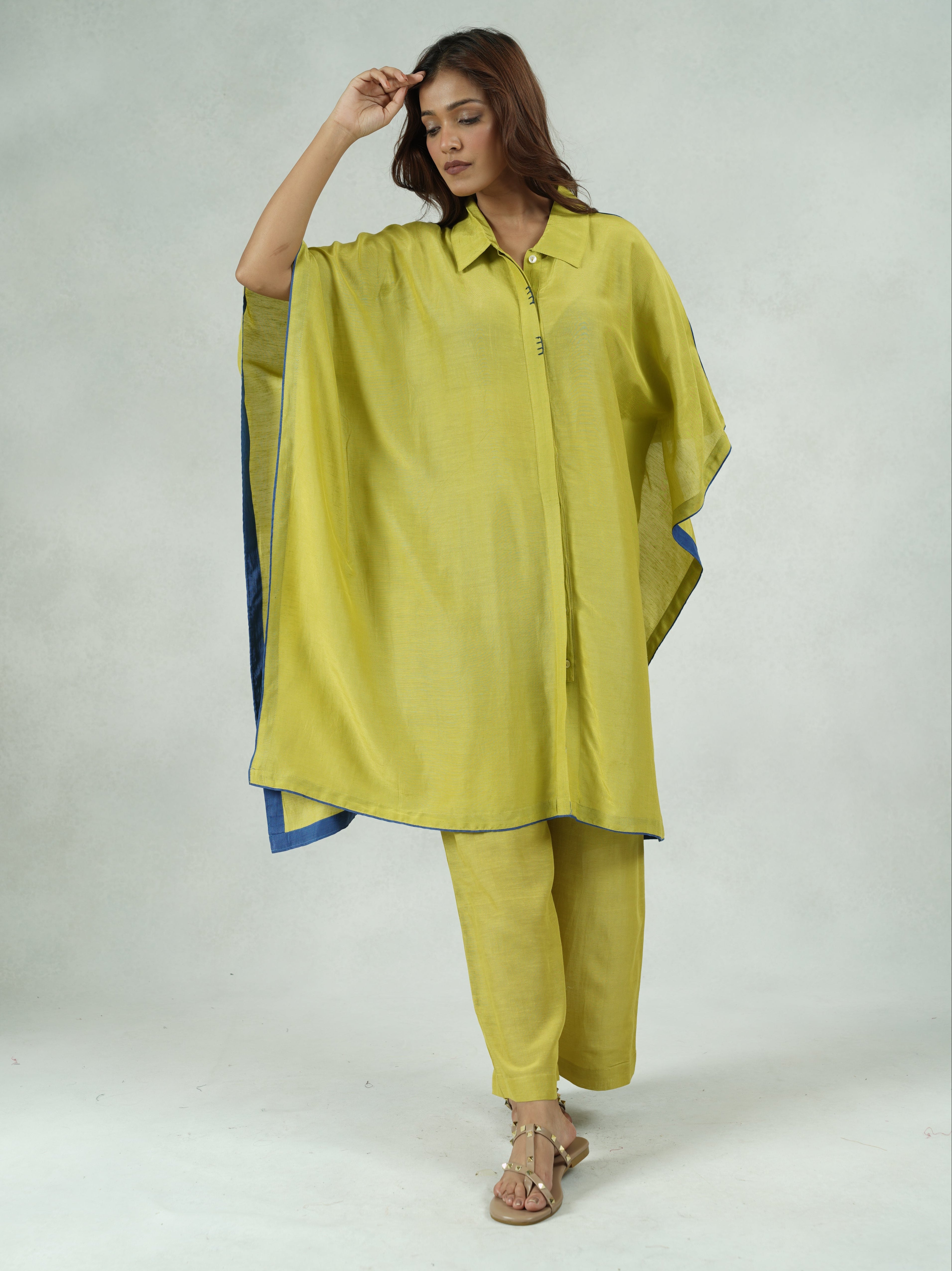 Green Linen Blend Stylised Co-Ord Set with Cape Silhouette – Kajal