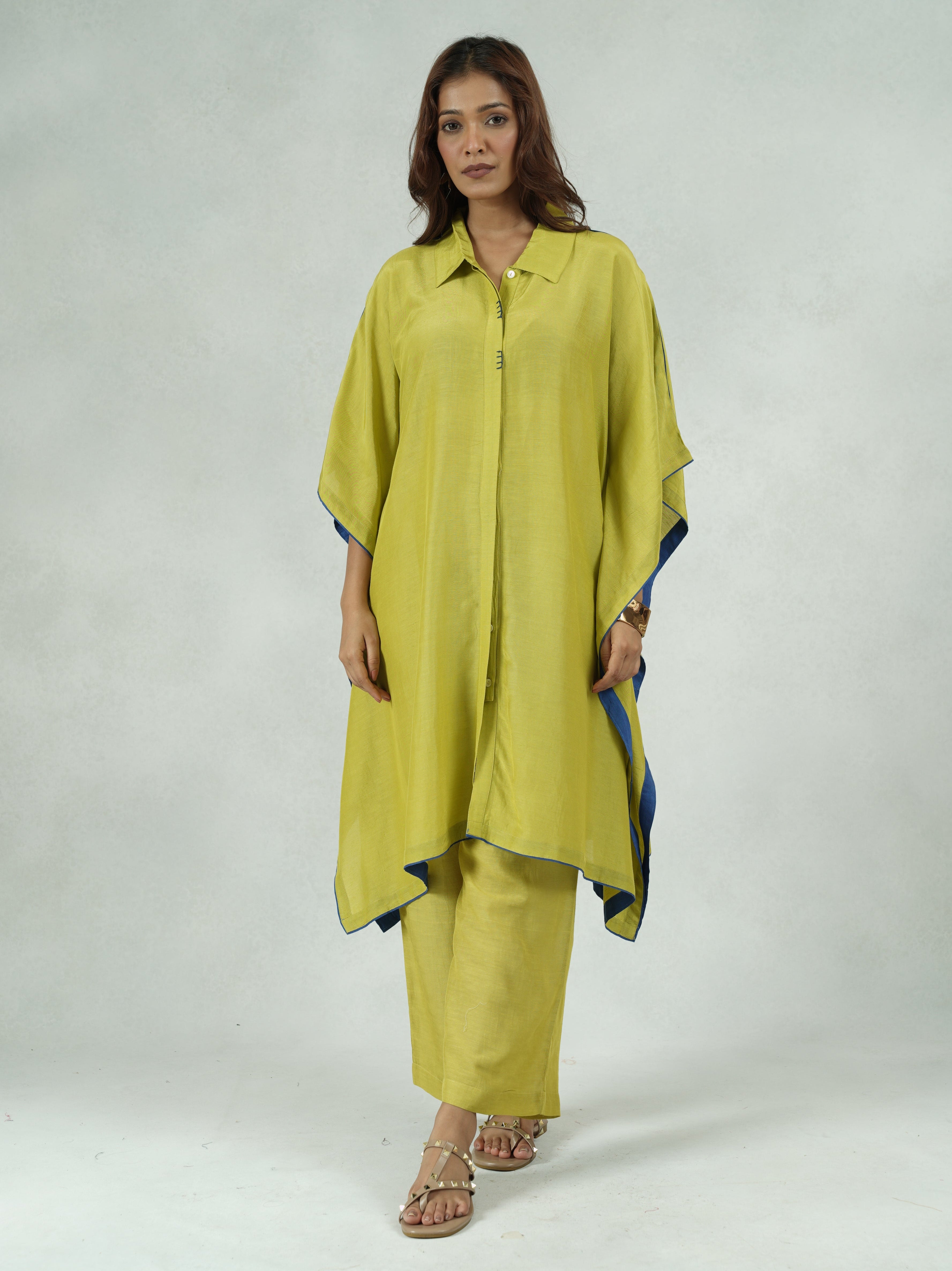 Green Linen Blend Stylised Co-Ord Set with Cape Silhouette – Kajal