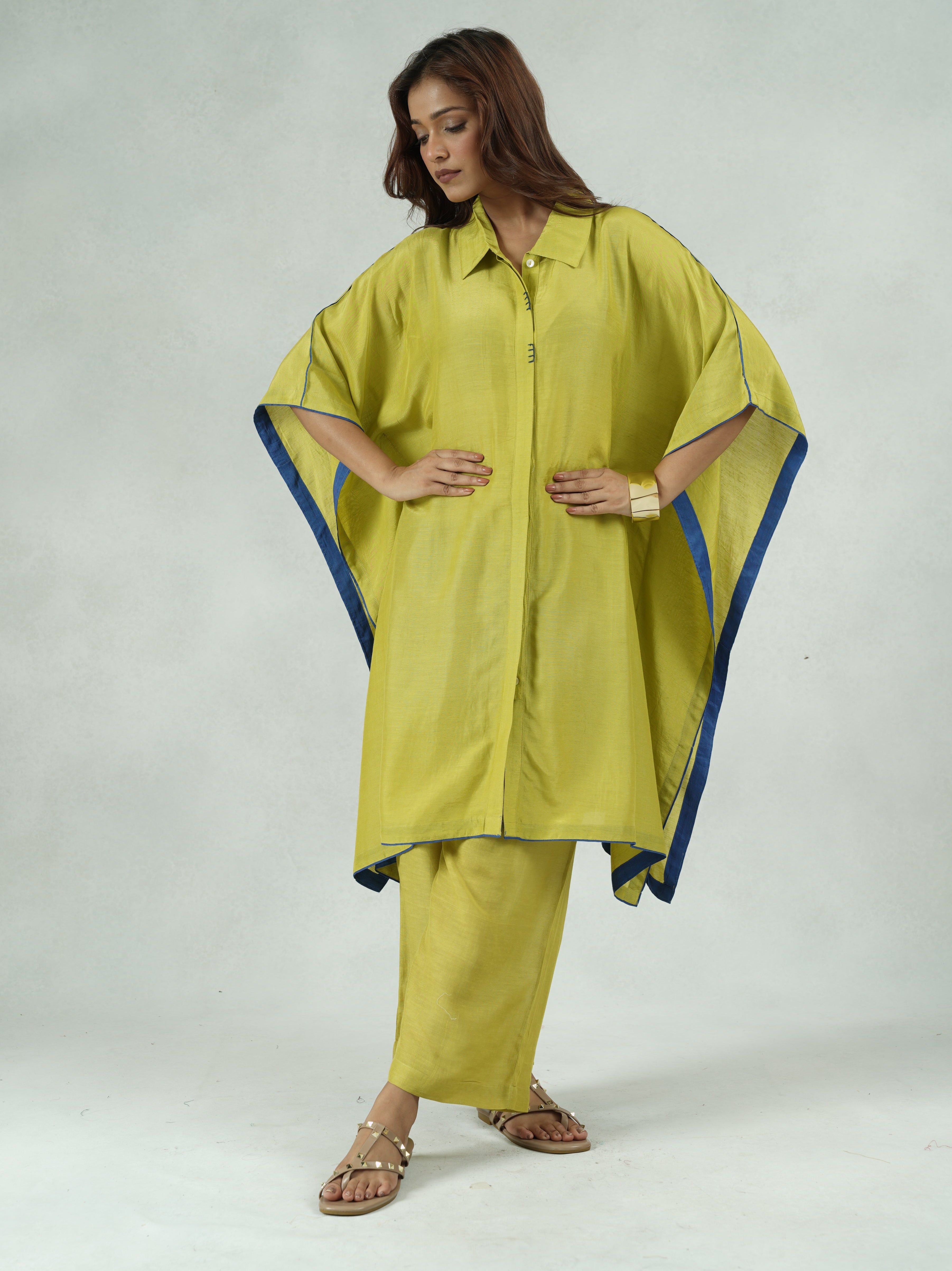 Green Linen Blend Stylised Co-Ord Set with Cape Silhouette – Kajal