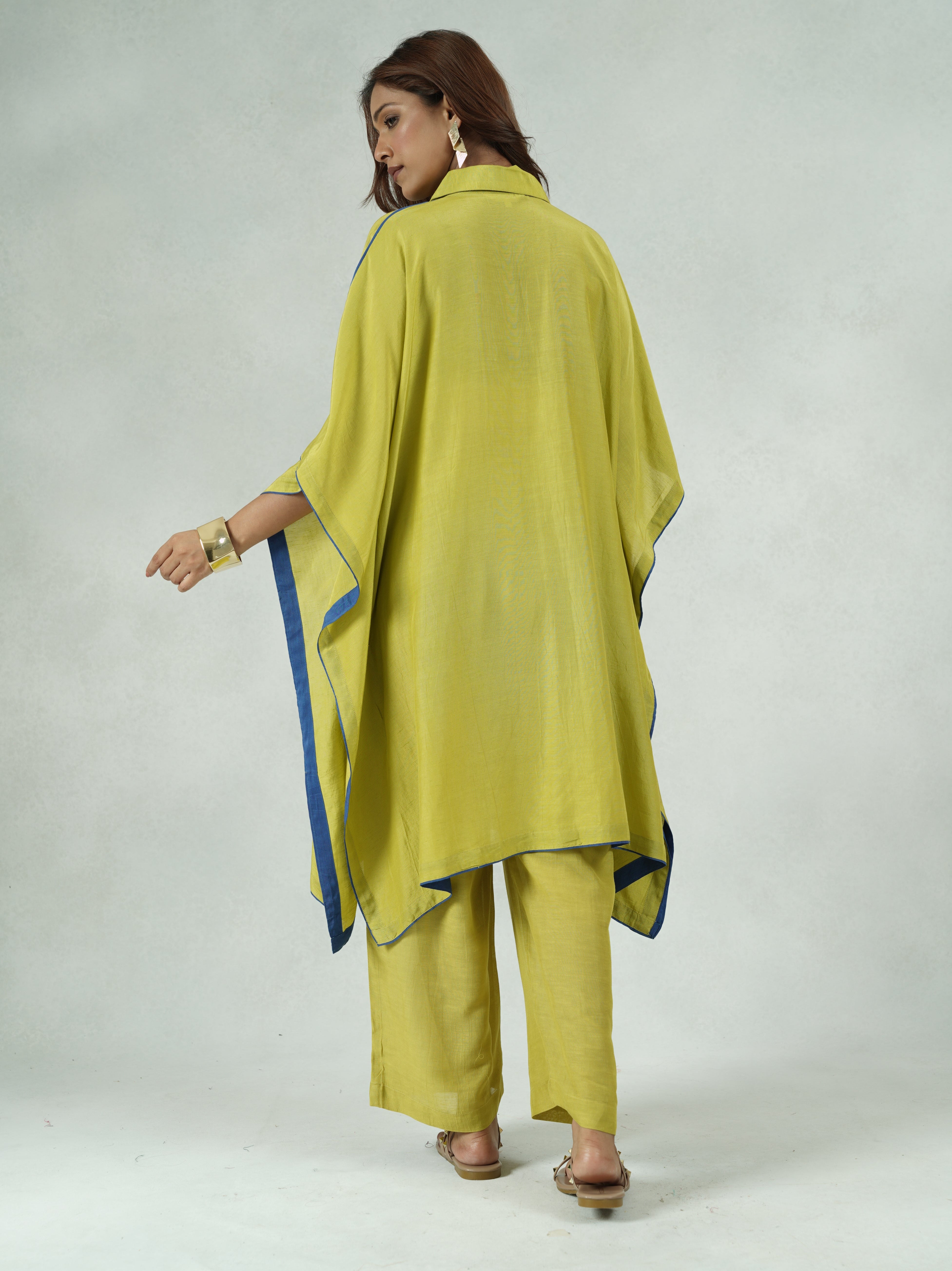 Green Linen Blend Stylised Co-Ord Set with Cape Silhouette – Kajal