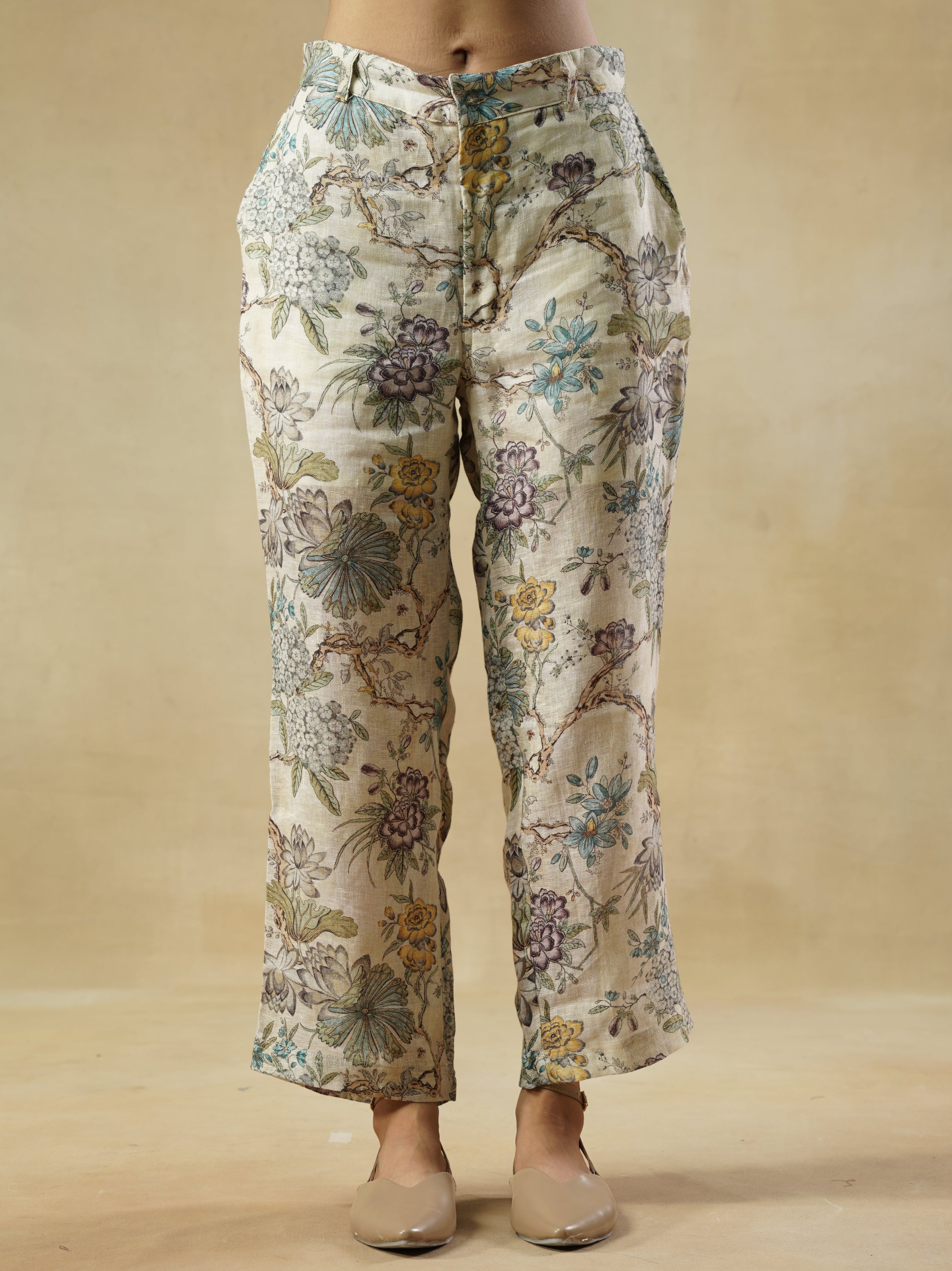 Multi color Floral Printed Linen Trouser