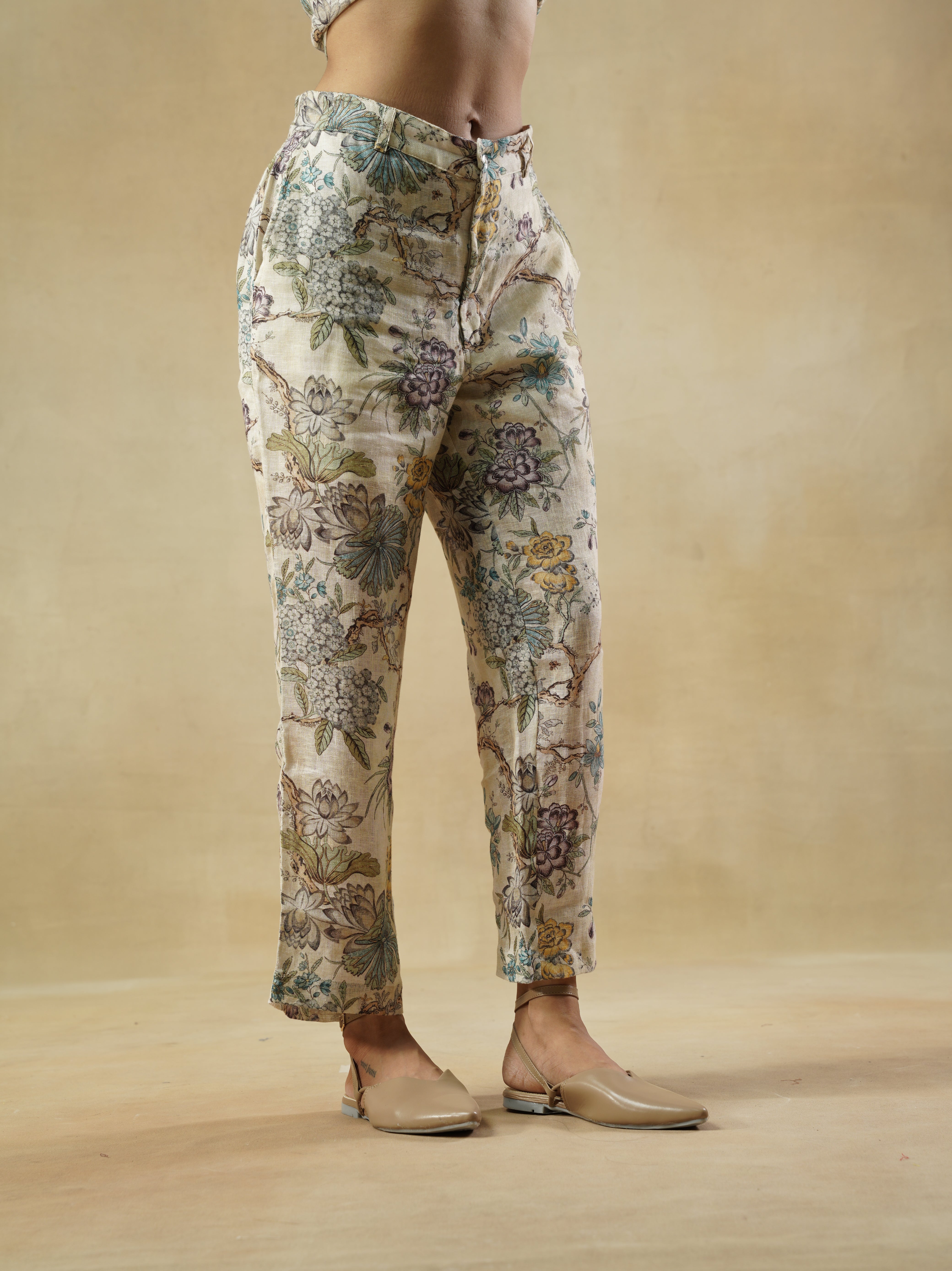 Multi color Floral Printed Linen Trouser