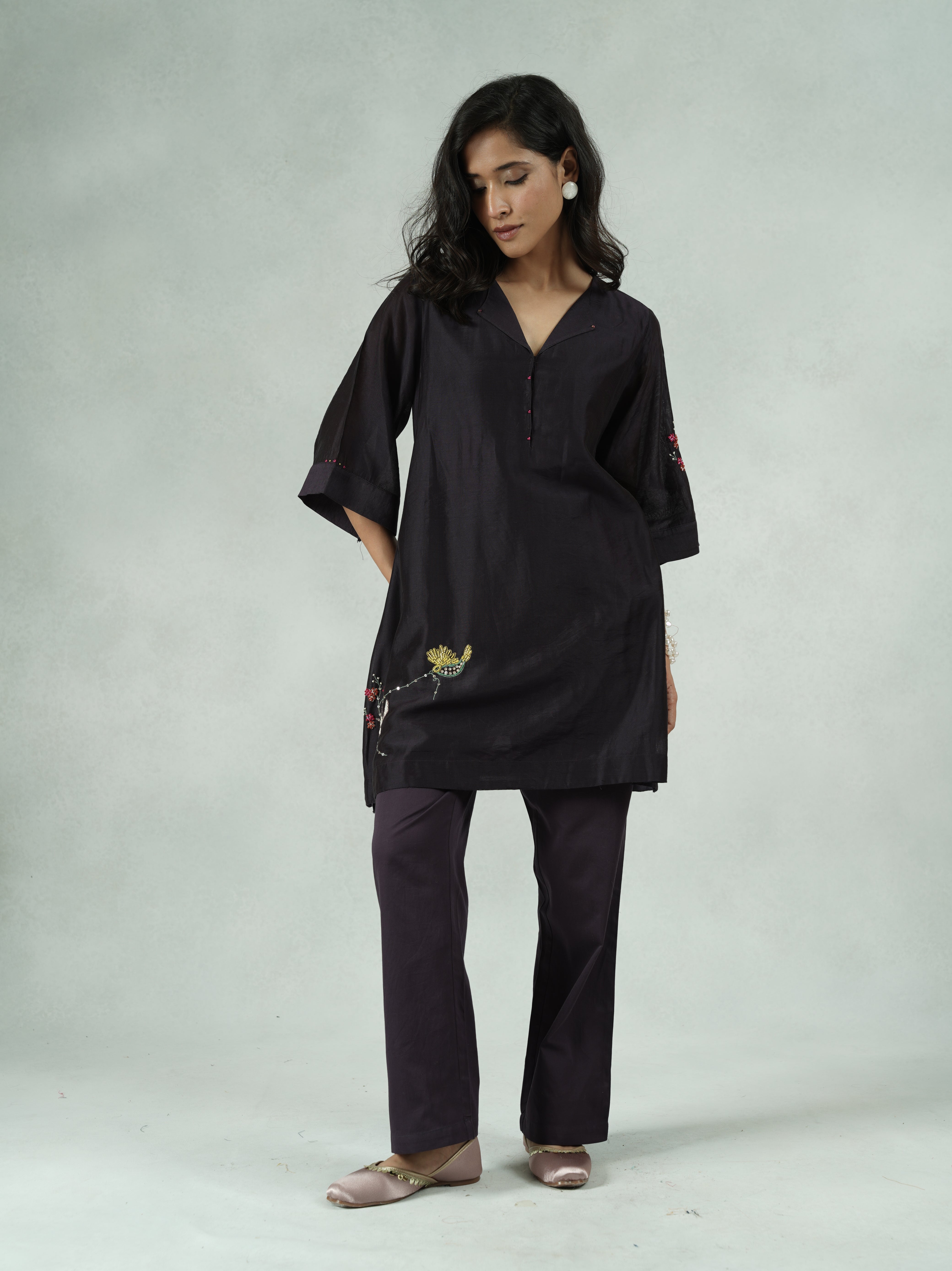 Purple Chanderi Hand-Embroidered Co-ord Set