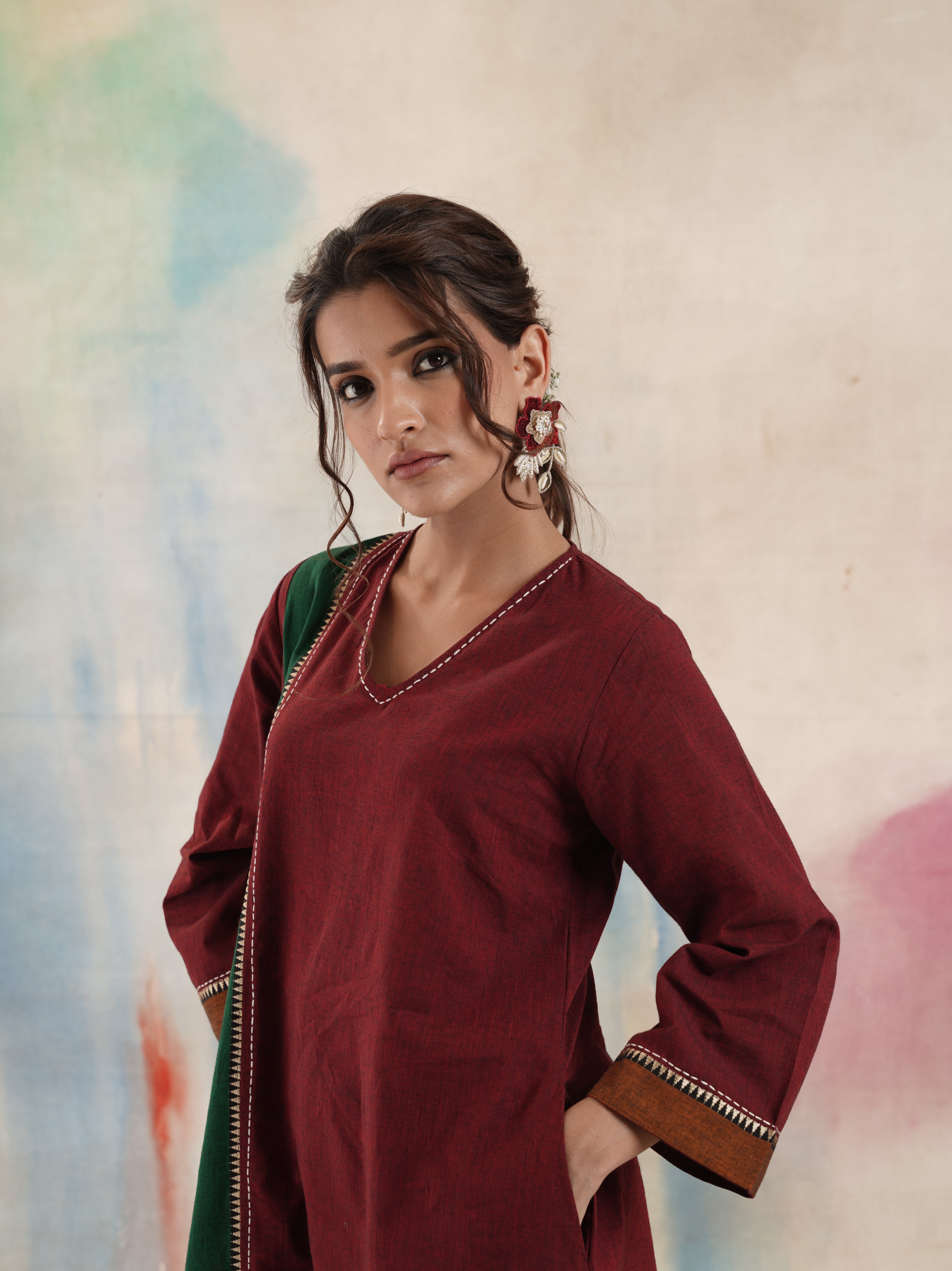 Women's Maroon Colour Block Kurta
