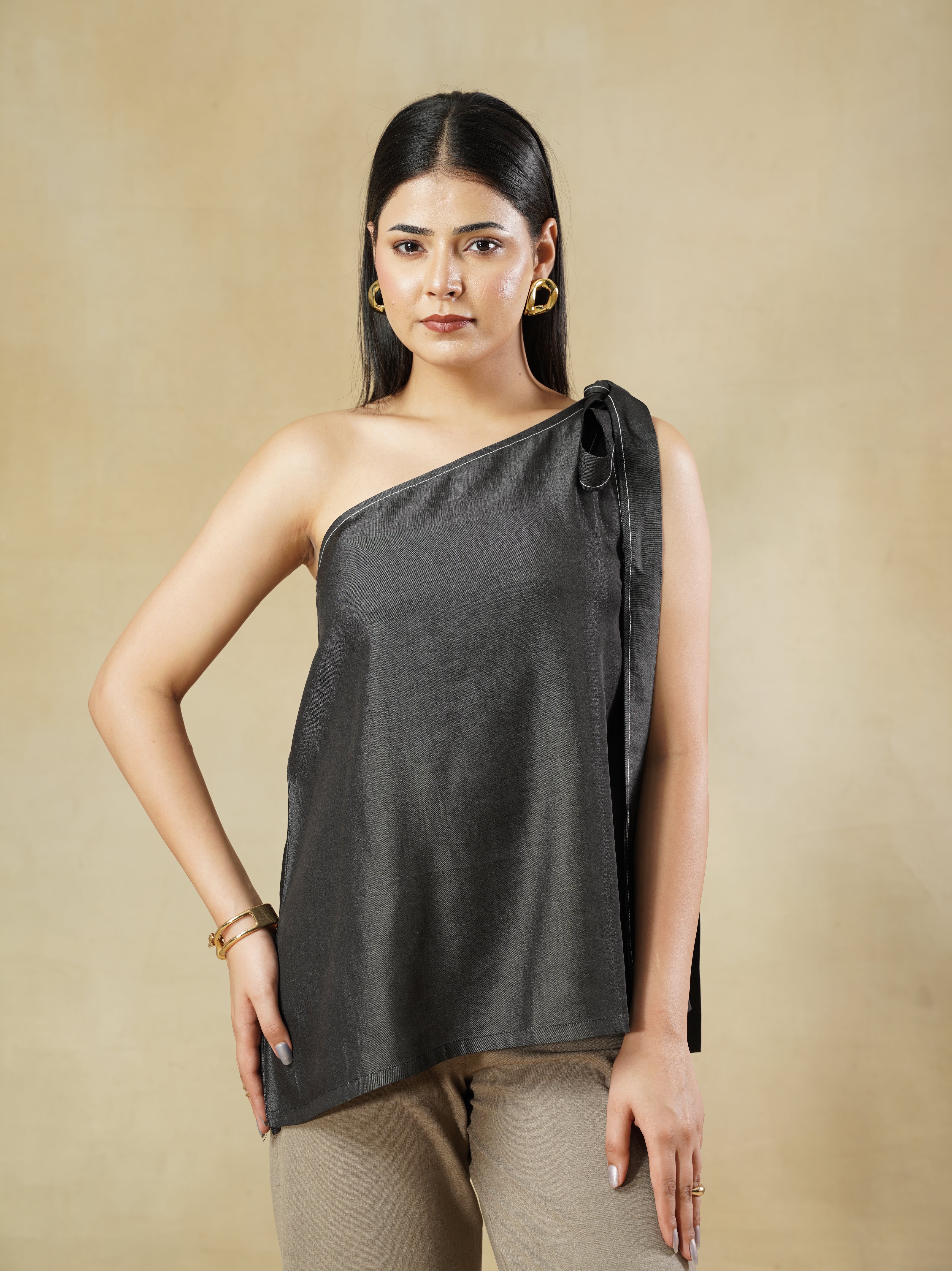 Black One-Shoulder Tie-Up Top with Contrast Stitching