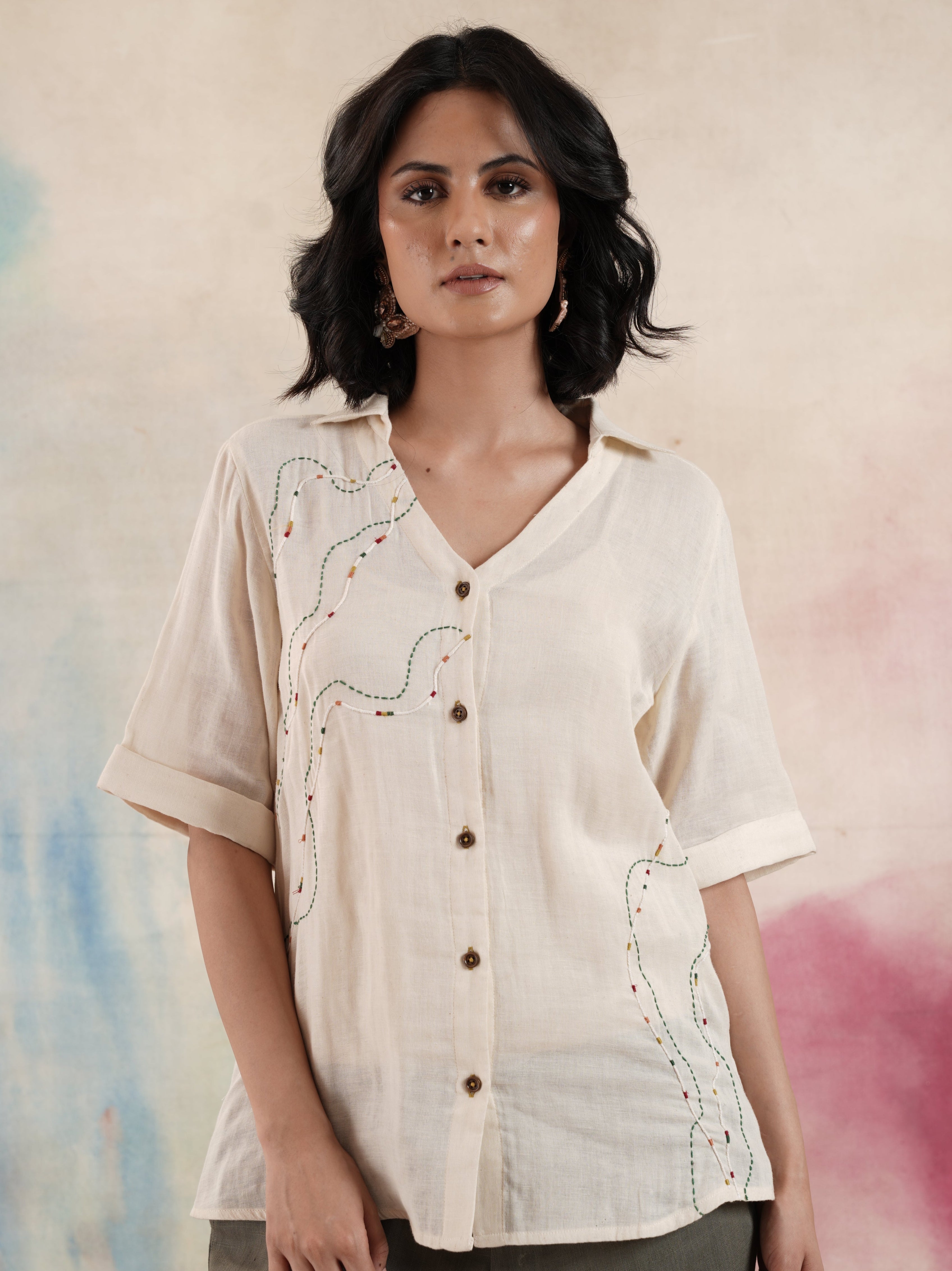 Women's Half Sleeves Cotton Embroidered Shirt