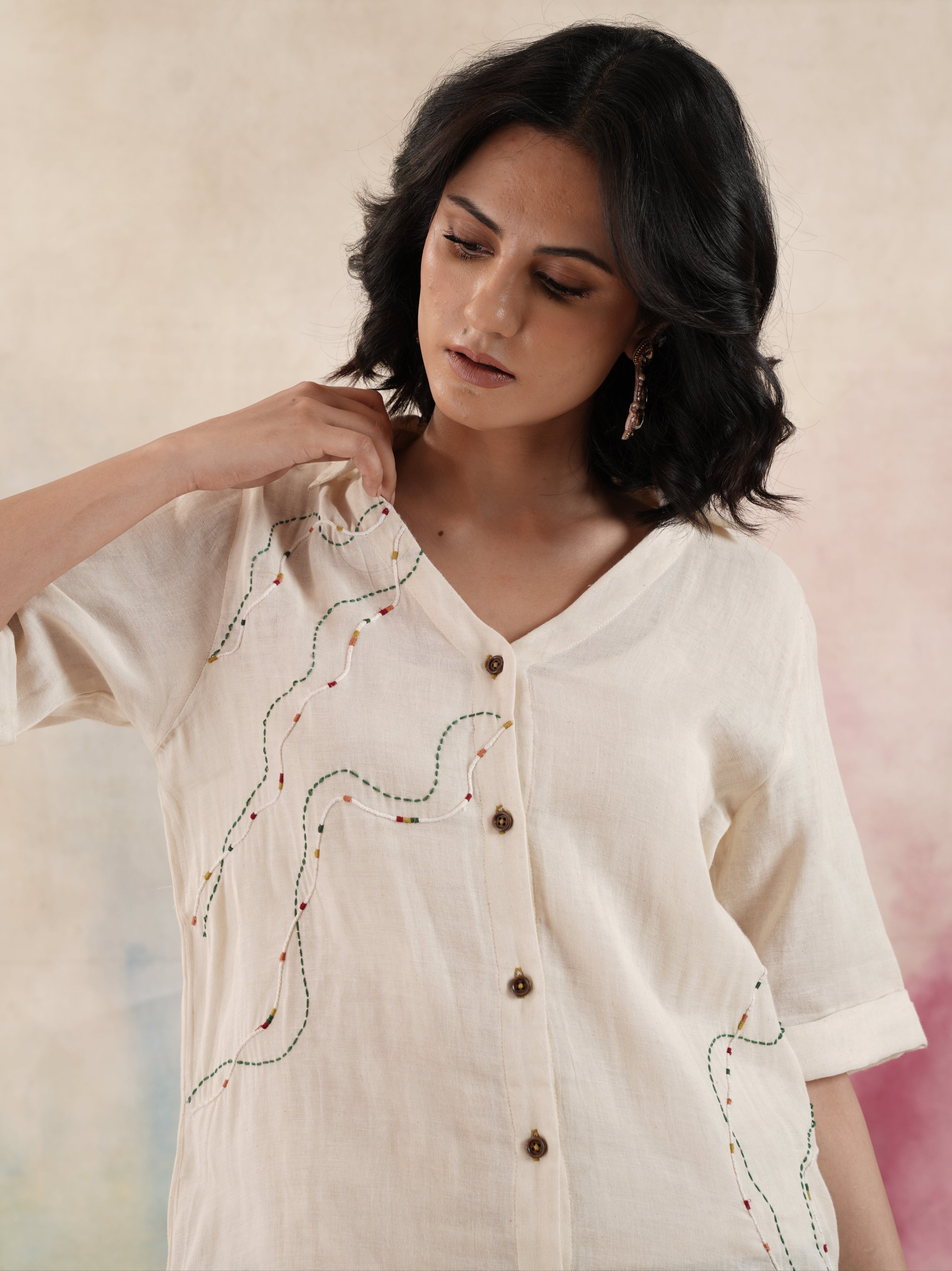 Women's Half Sleeves Cotton Embroidered Shirt