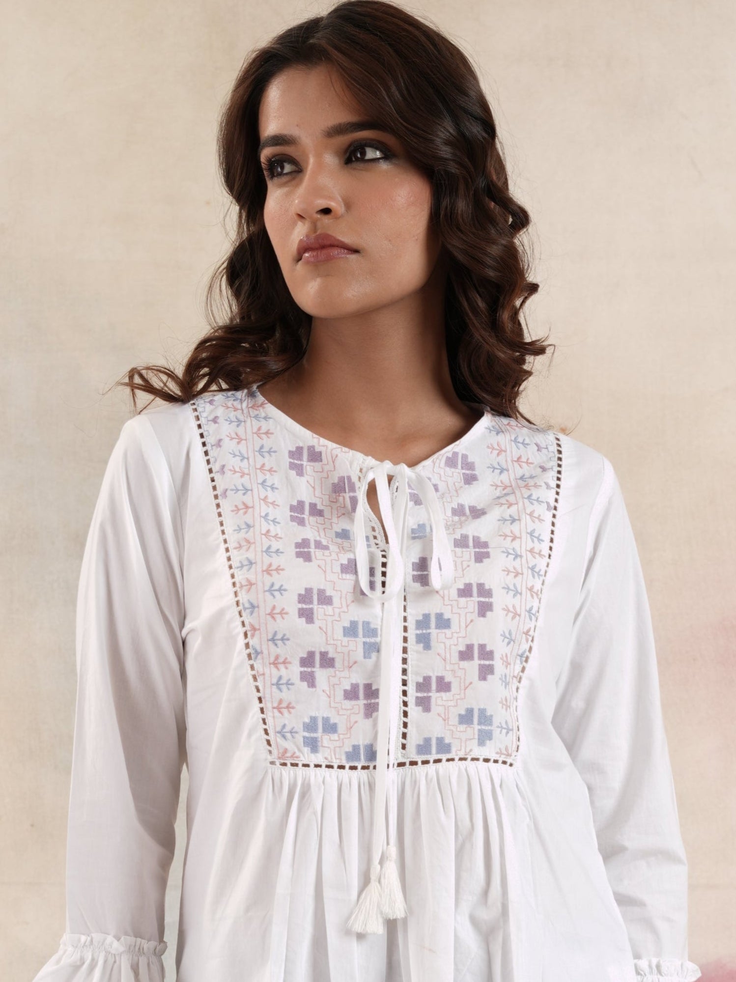Women's White Yoke Embroidered Top