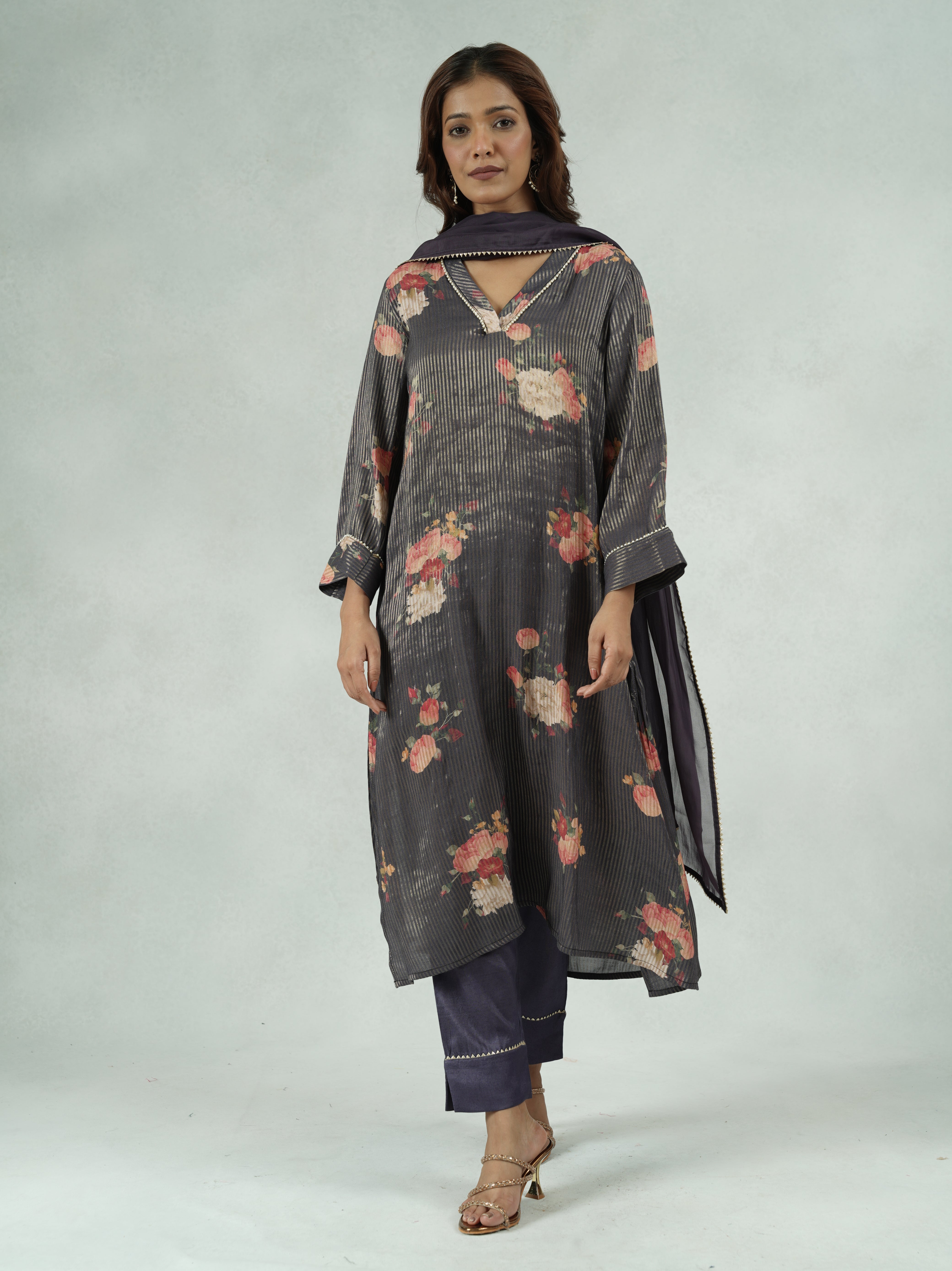 Purple Floral Print Festive Kurta Set with Pearl Detailing
