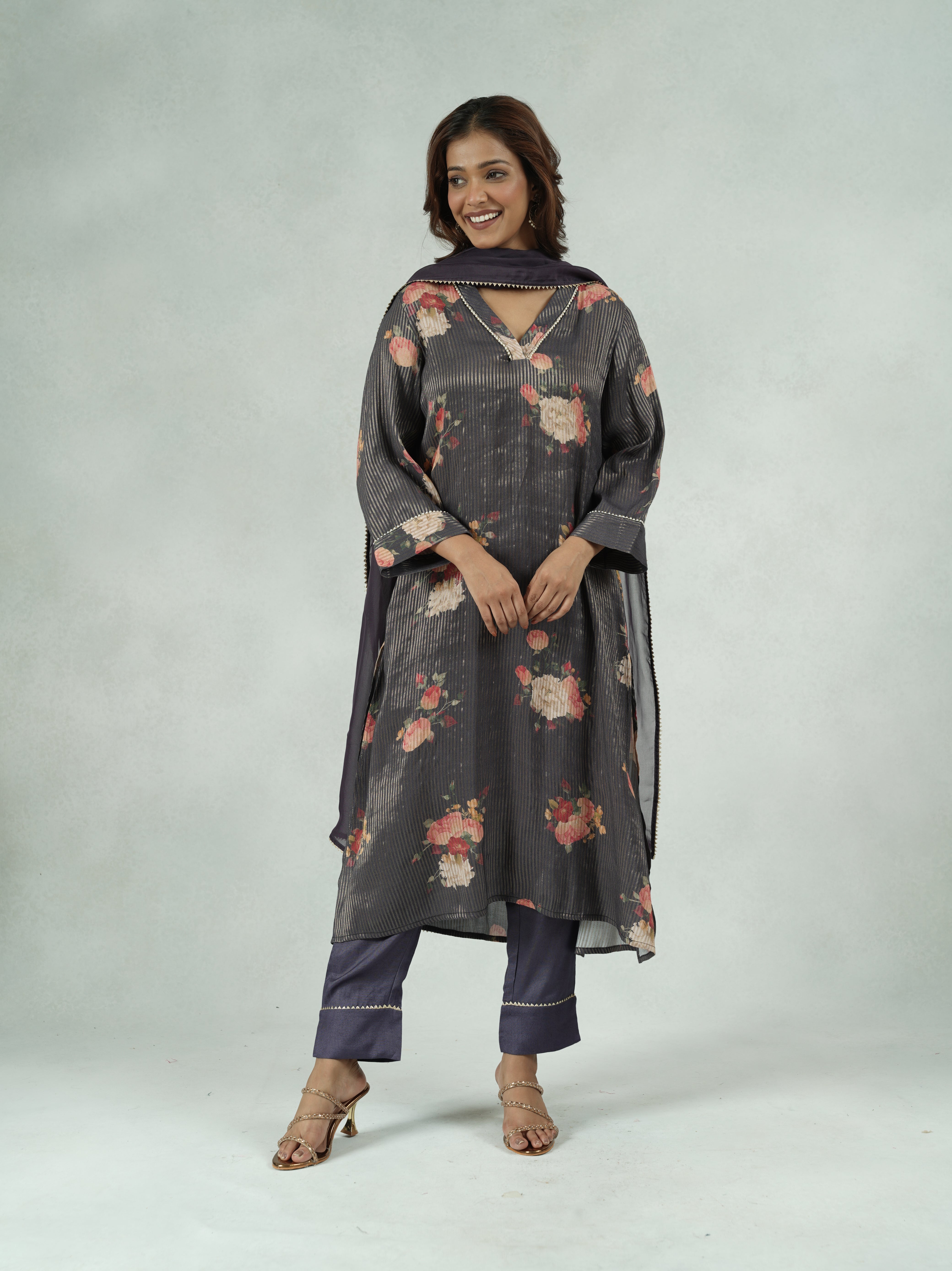 Purple Floral Print Festive Kurta Set with Pearl Detailing