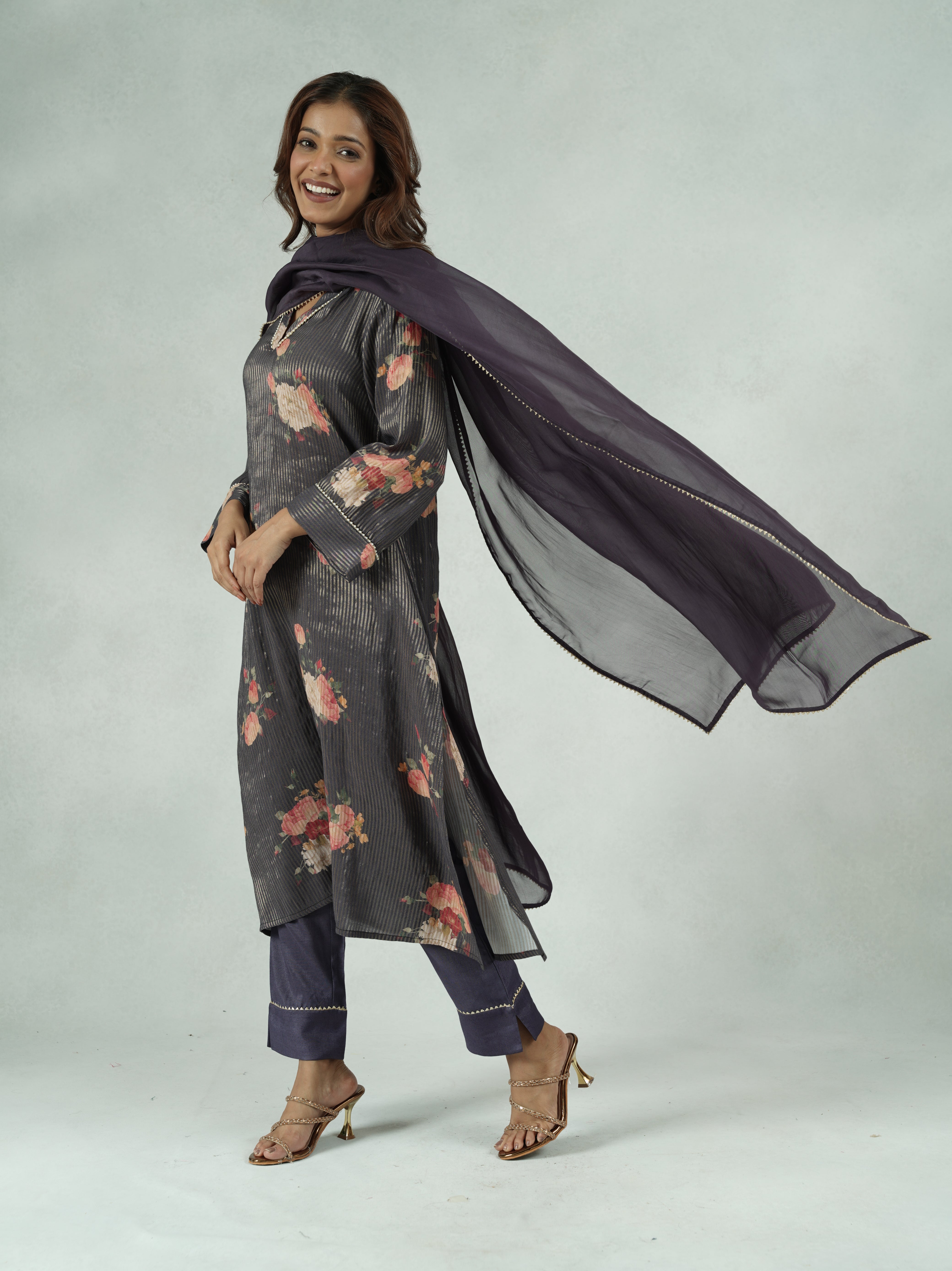 Purple Floral Print Festive Kurta Set with Pearl Detailing