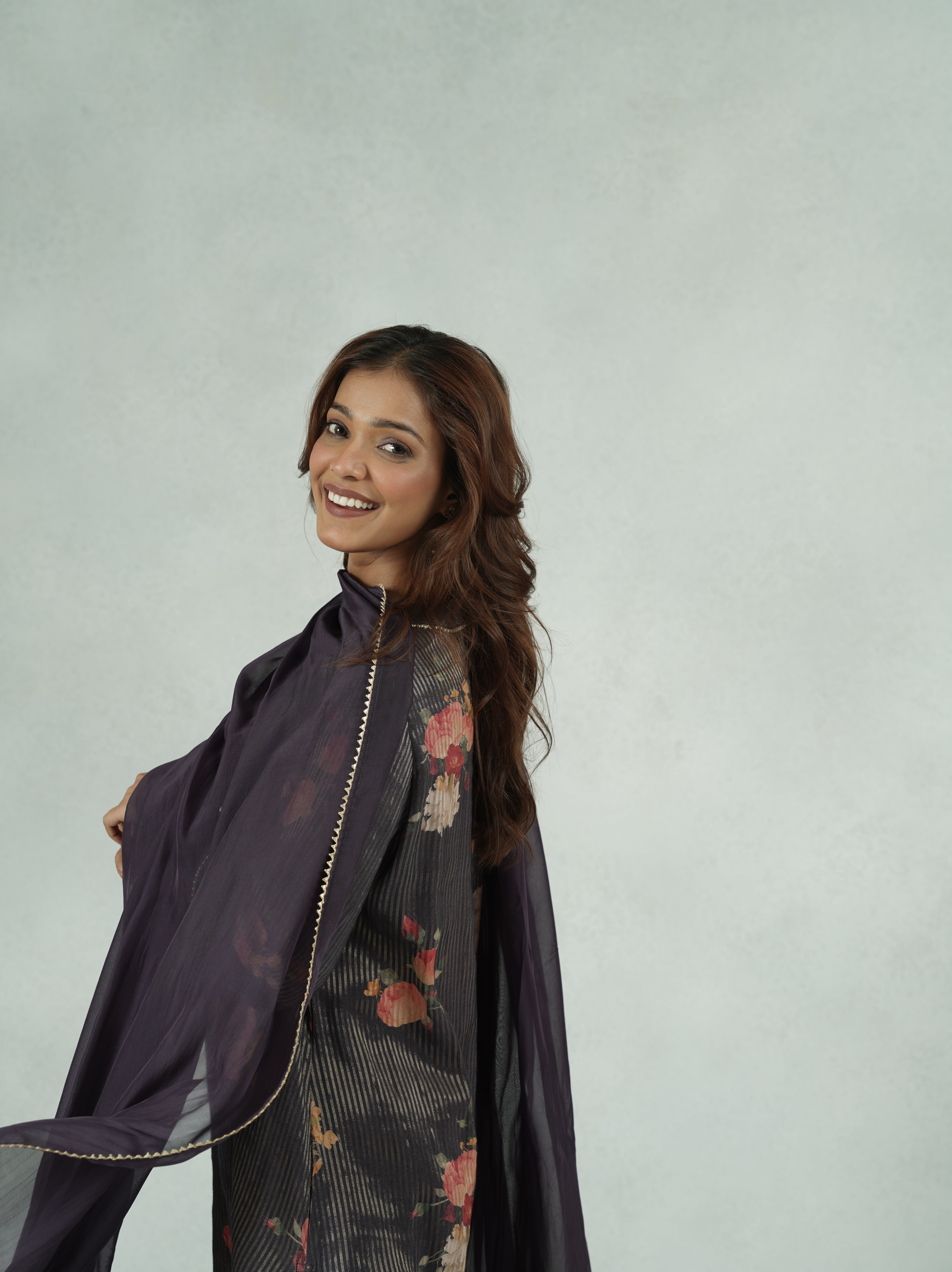 Purple Floral Print Festive Kurta Set with Pearl Detailing