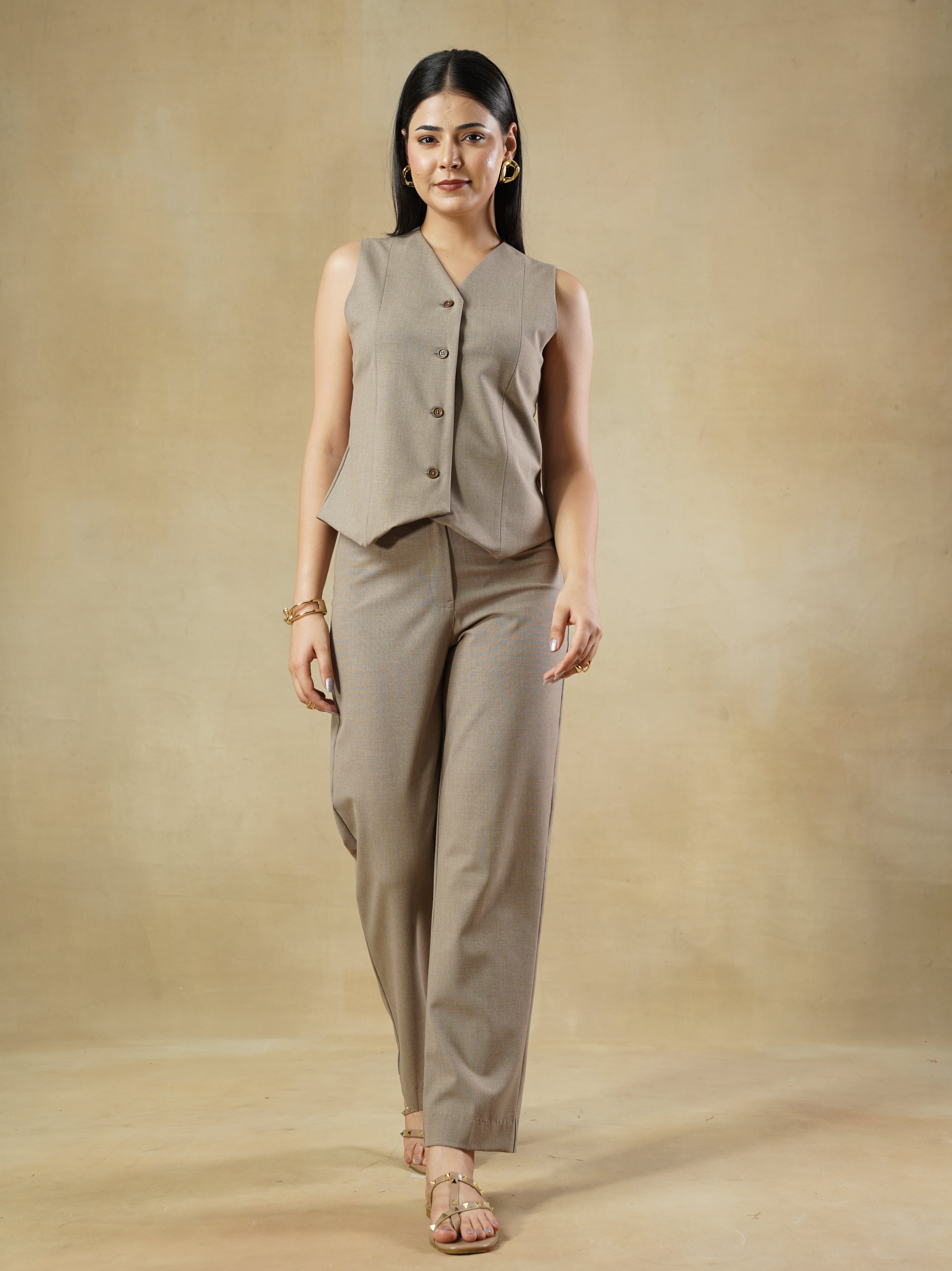 Beige V-Neck Waistcoat Top in Viscose Blend – Caroline