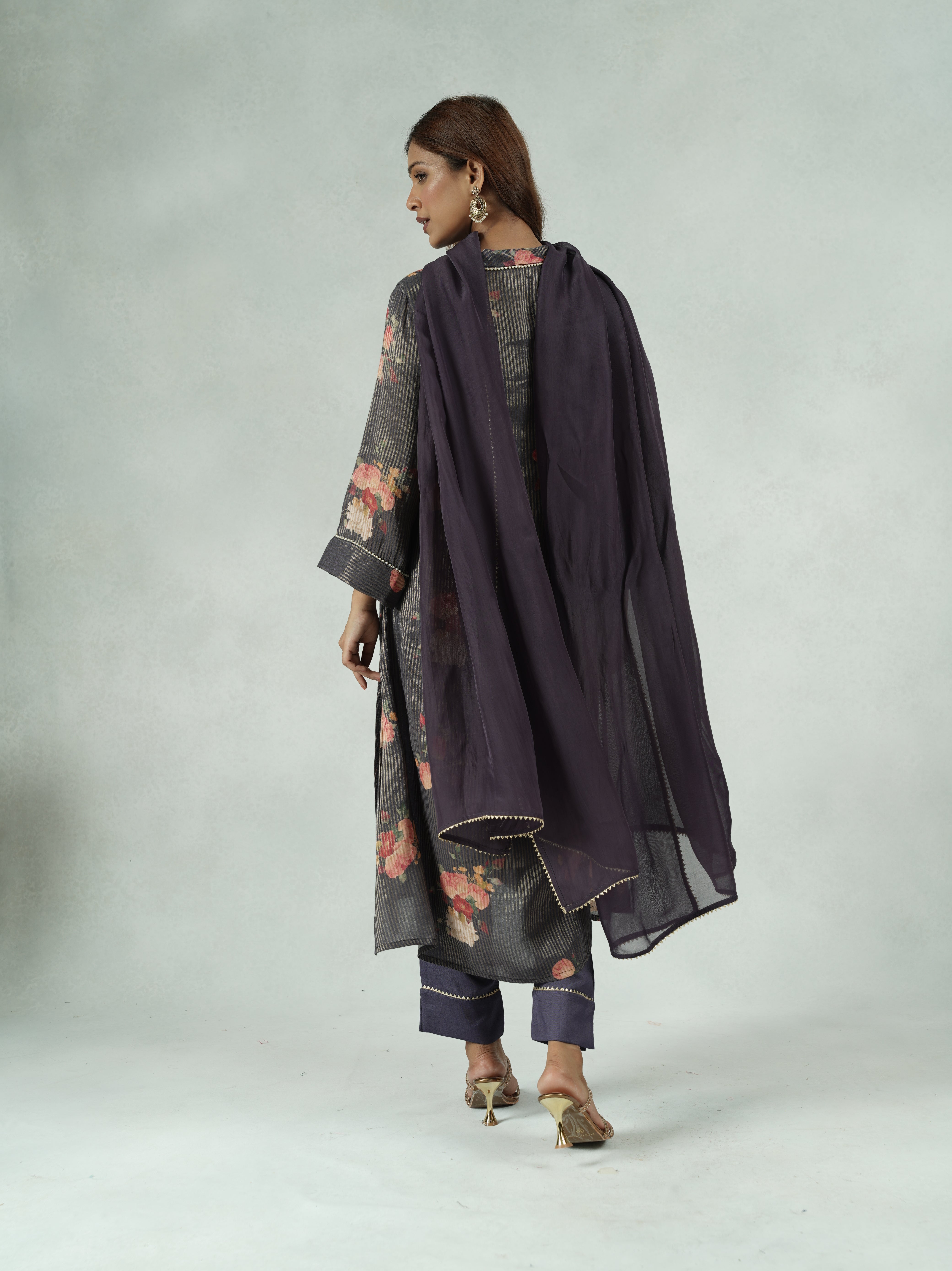 Purple Floral Print Festive Kurta Set with Pearl Detailing