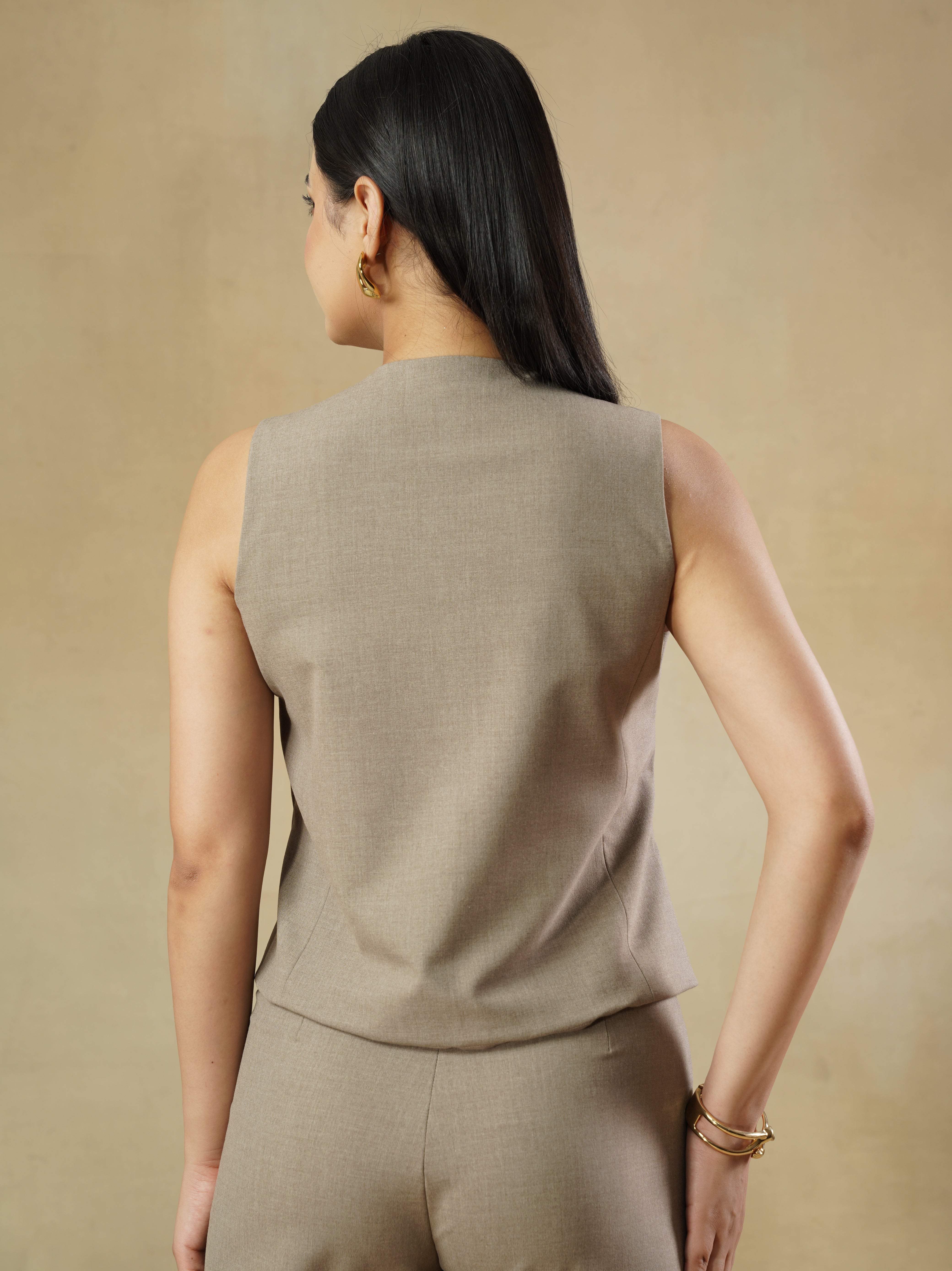 Beige V-Neck Waistcoat Top in Viscose Blend – Caroline