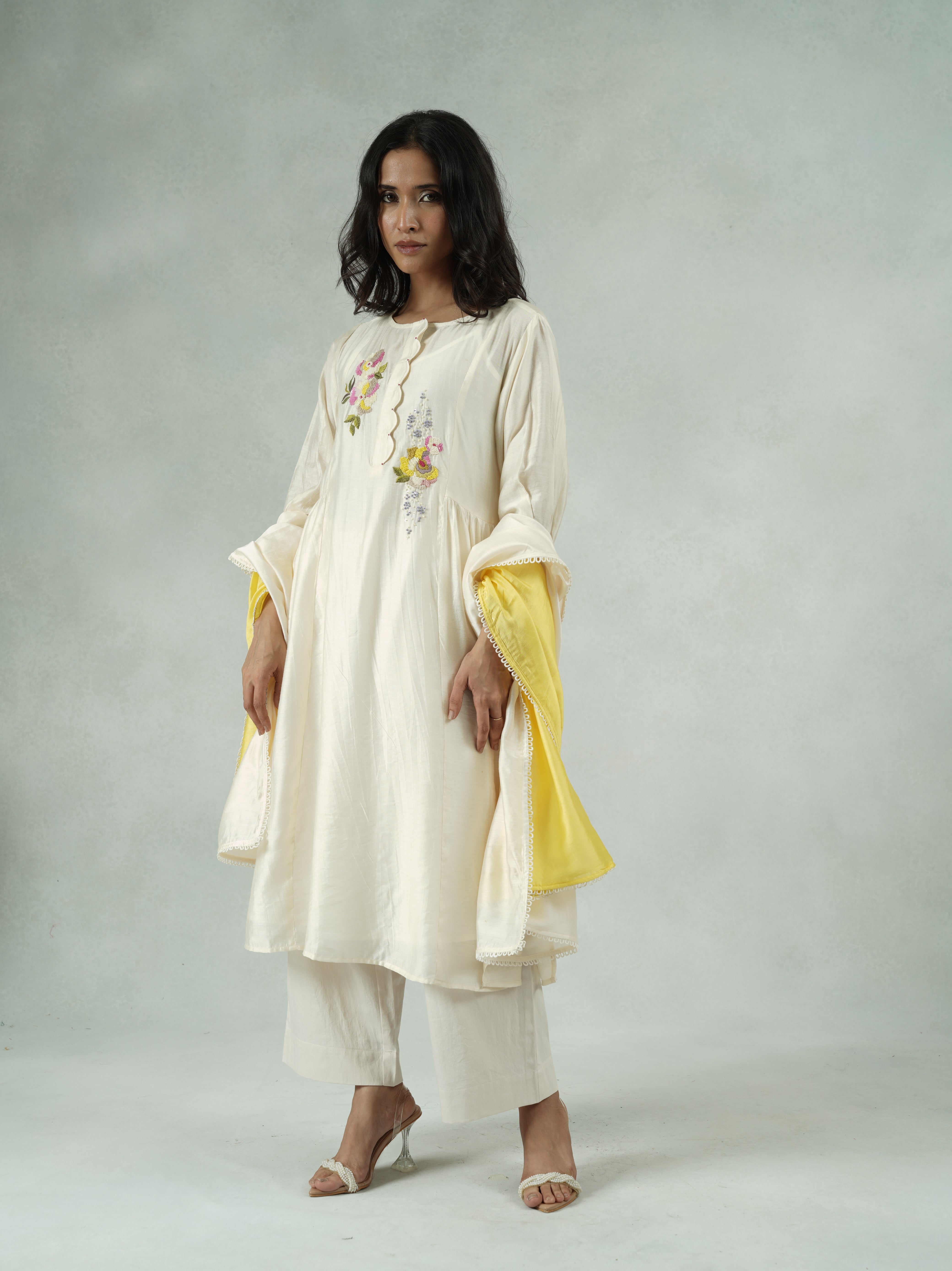 Off-White Chanderi Hand-Embroidered Kurta Set with Dupatta