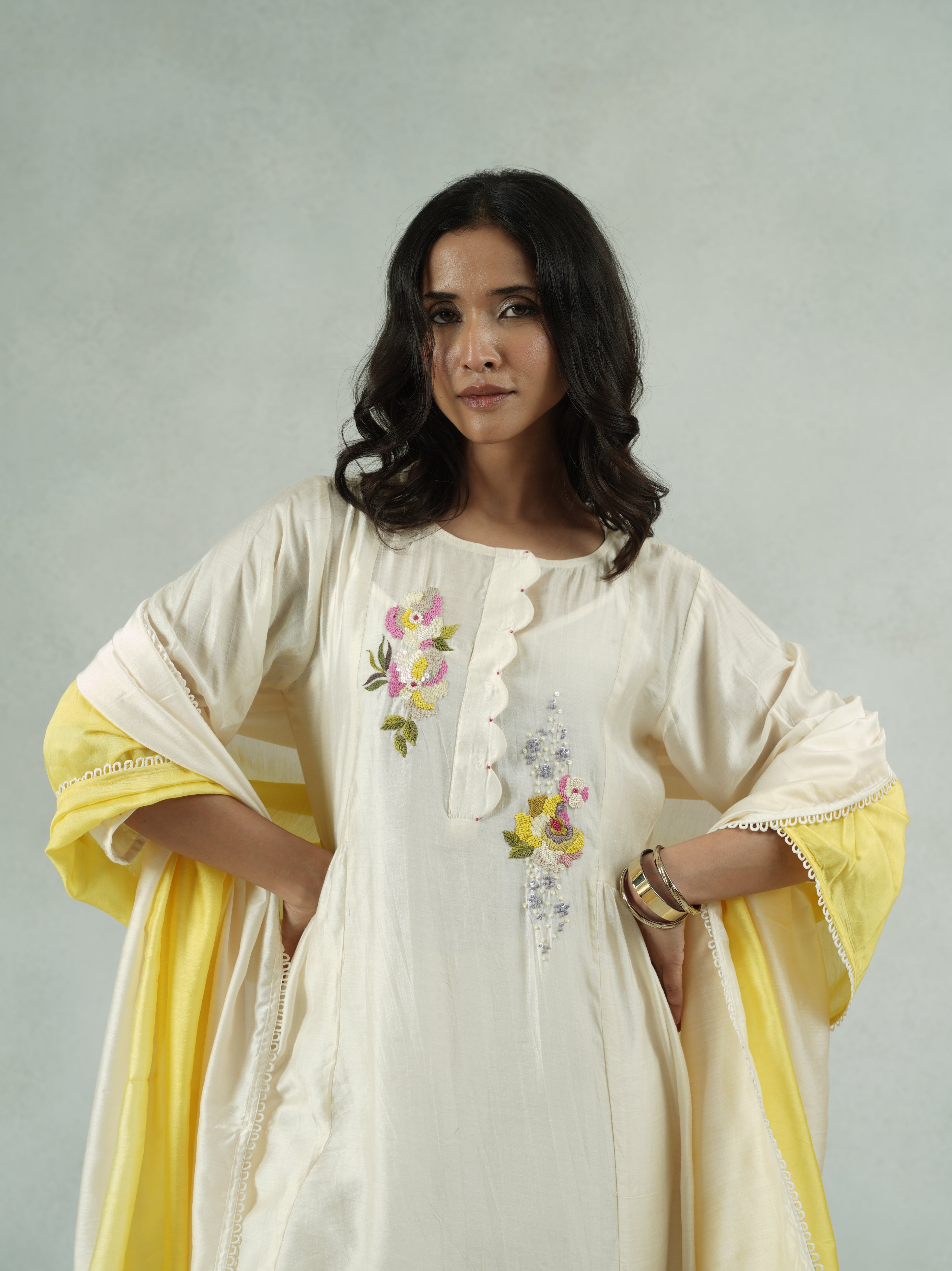 Off-White Chanderi Hand-Embroidered Kurta Set with Dupatta