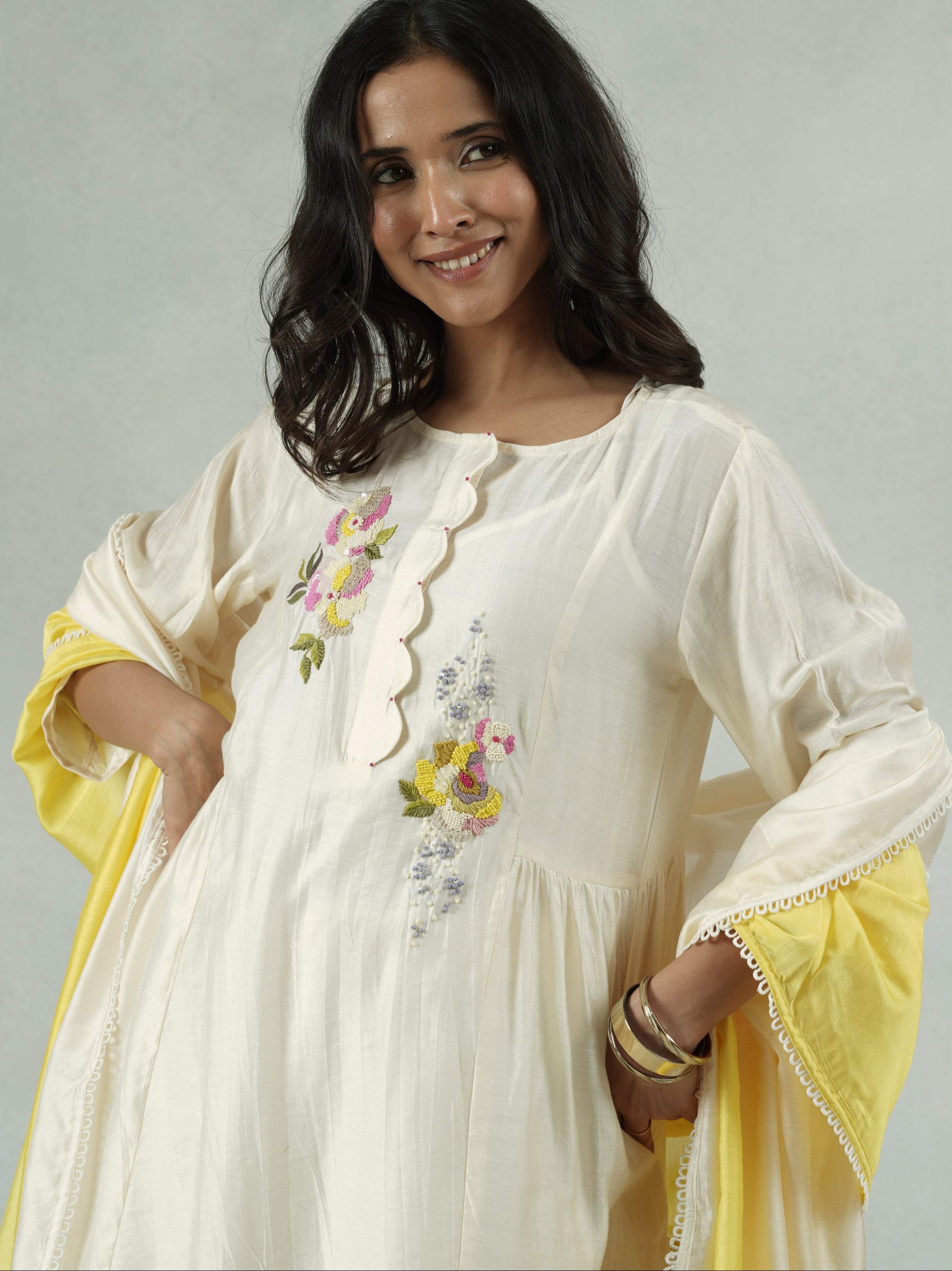 Off-White Chanderi Hand-Embroidered Kurta Set with Dupatta