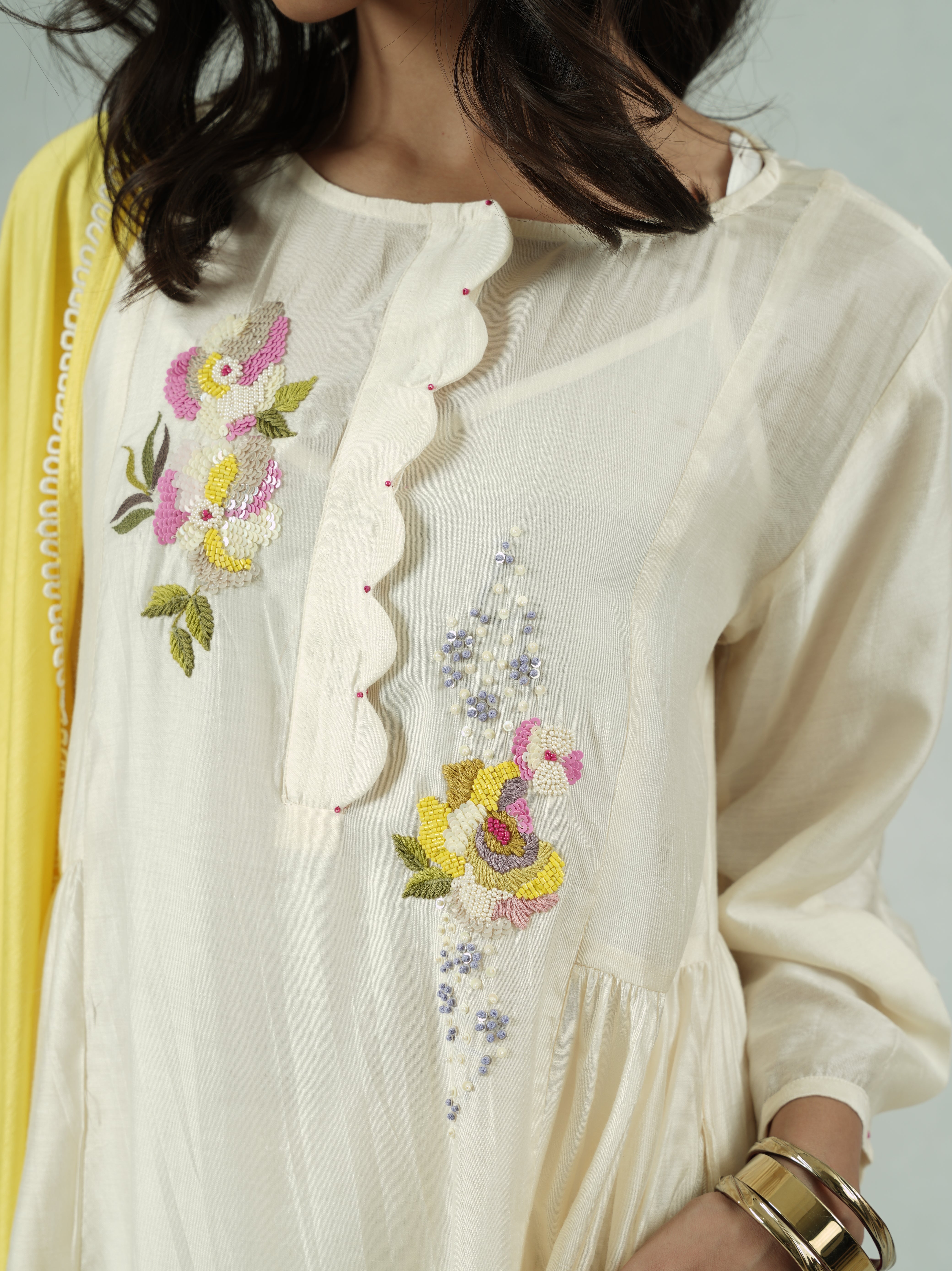 Off-White Chanderi Hand-Embroidered Kurta Set with Dupatta