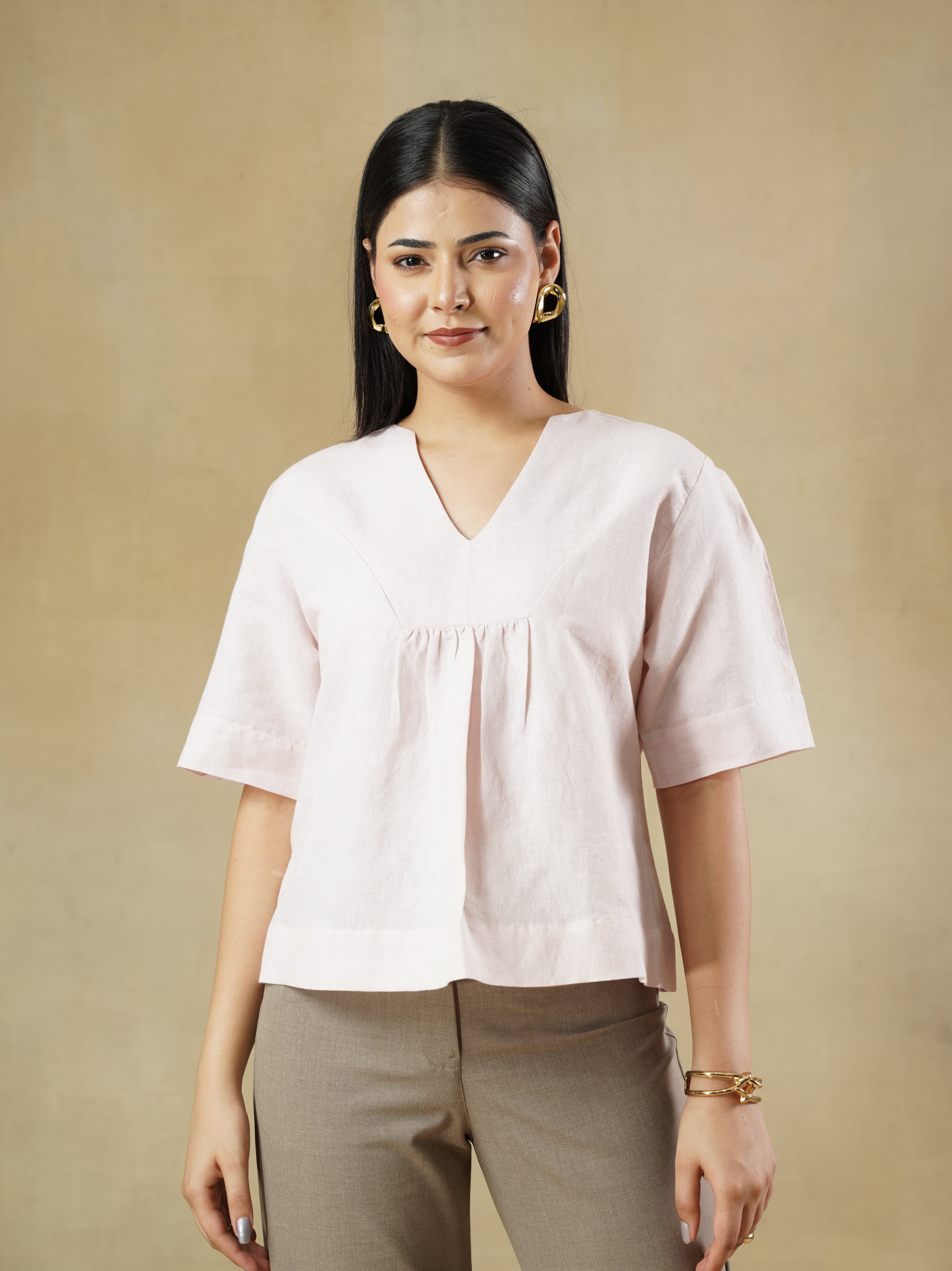 Linen Cotton Gathered Yoke Top