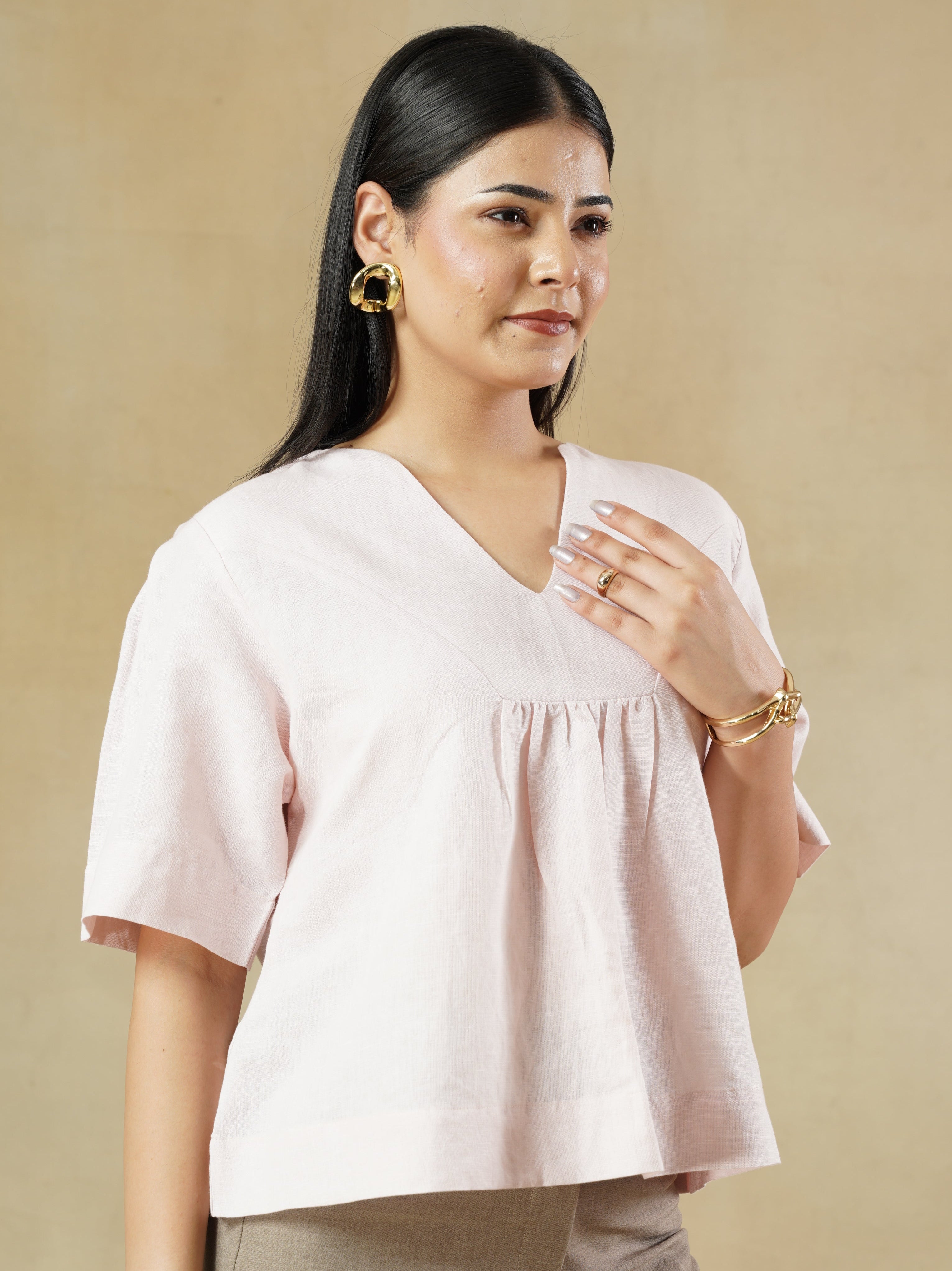 Linen rich Gathered Yoke Top
