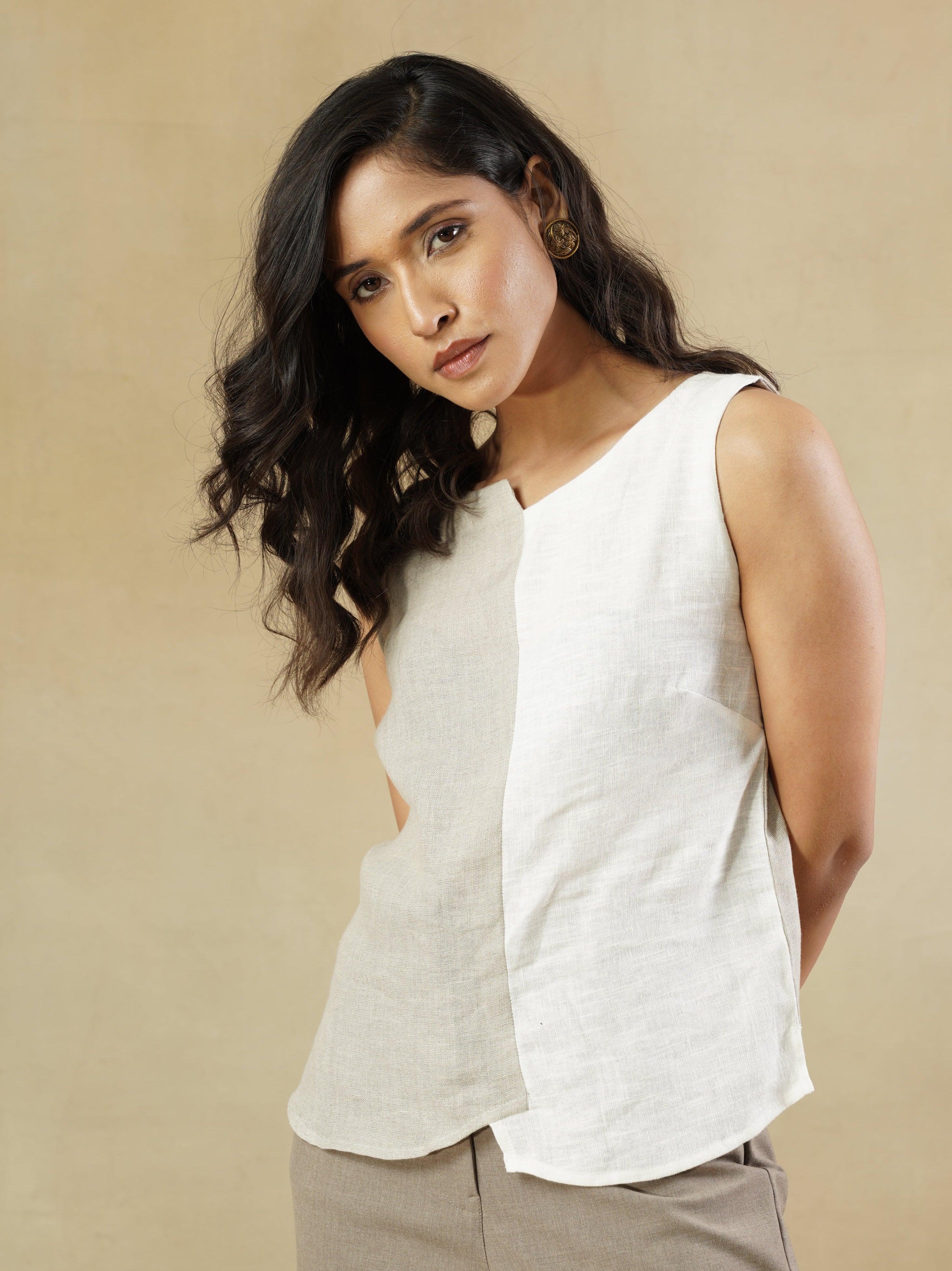 Cotton Linen Color-Blocked Relaxed Fit Top with Uneven Hem