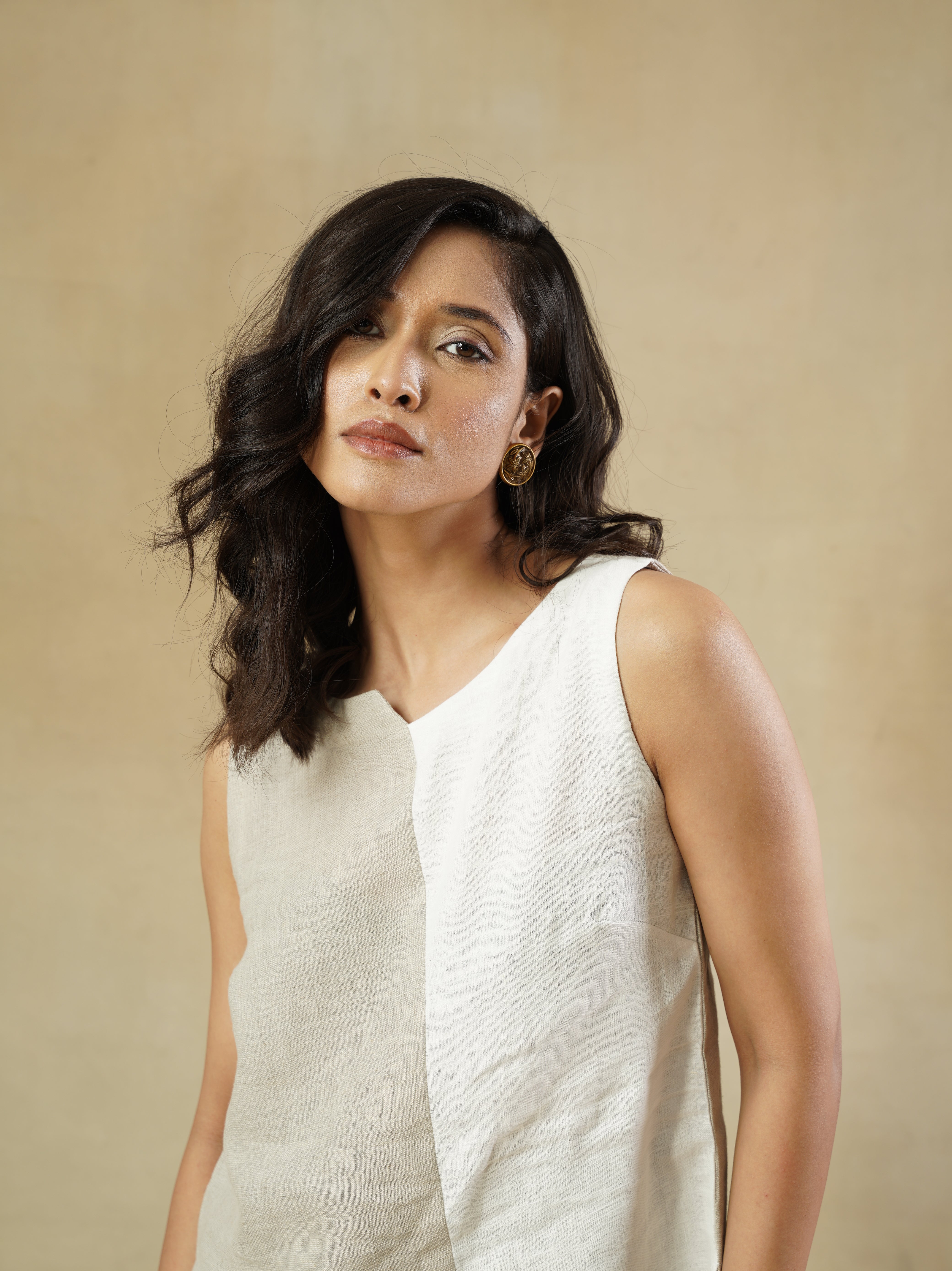 Cotton Linen Color-Blocked Relaxed Fit Top with Uneven Hem