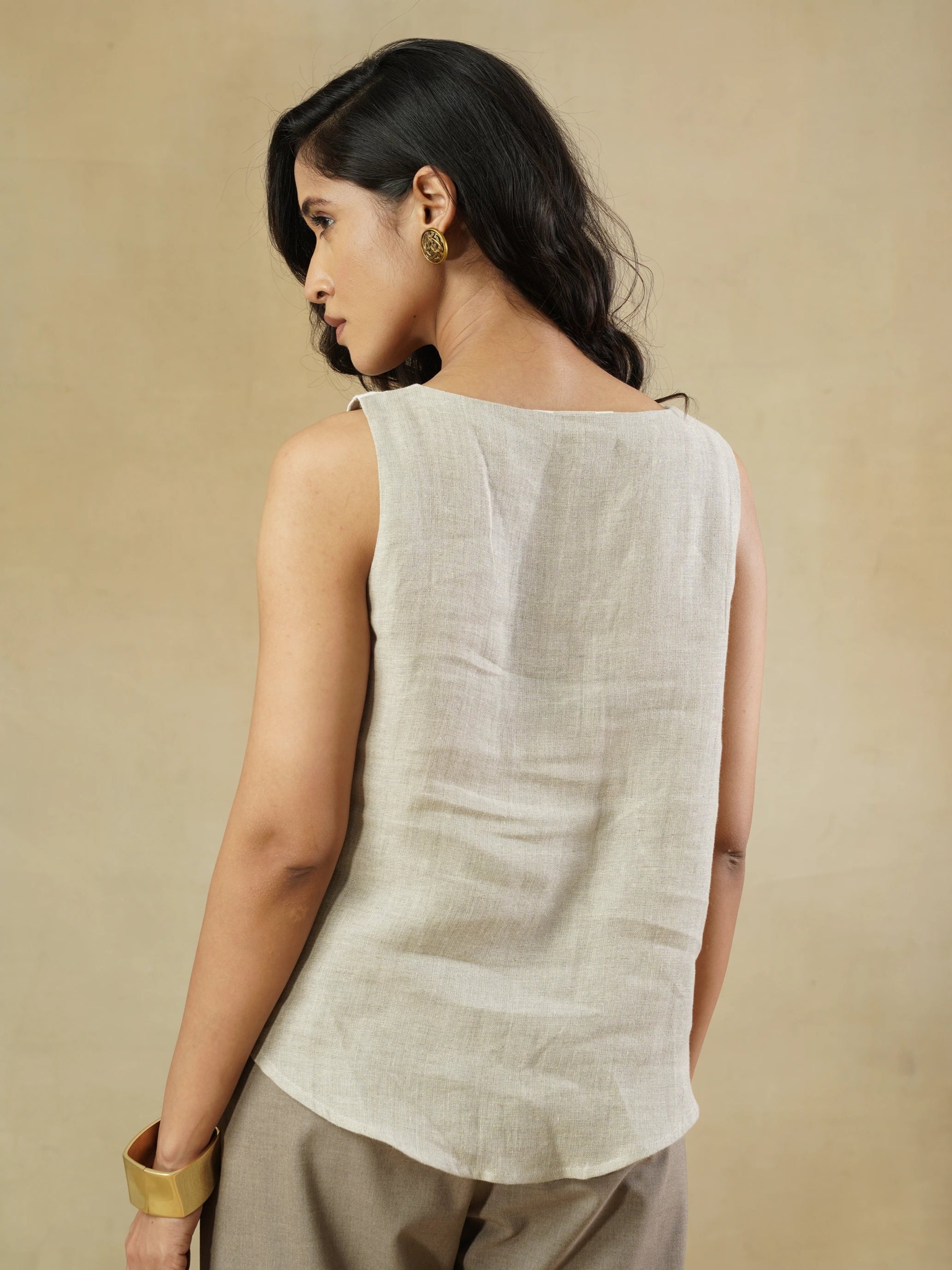 Cotton Linen Color-Blocked Relaxed Fit Top with Uneven Hem
