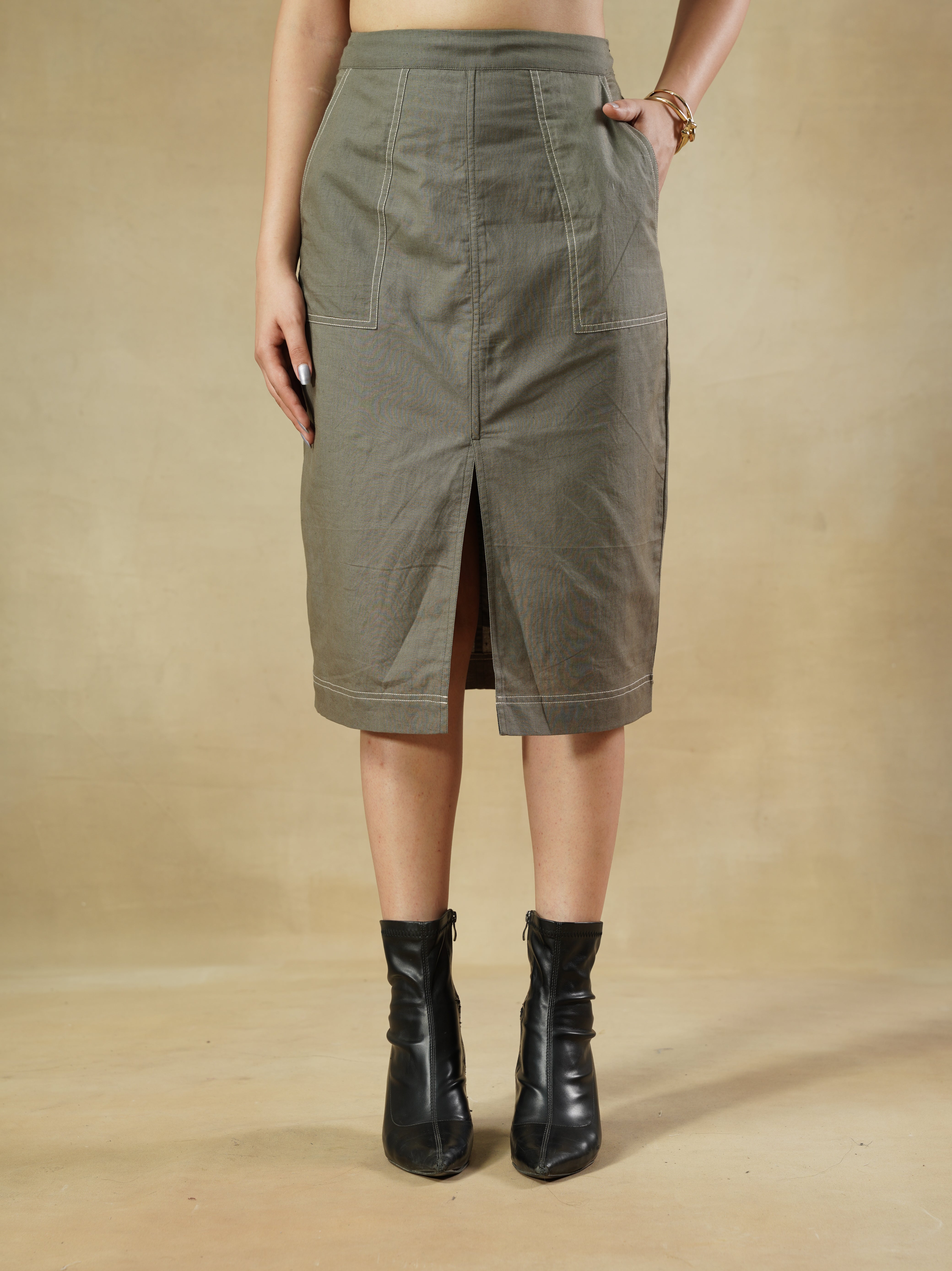 Olive Cotton-Linen Pencil Skirt with Contrast Stitch