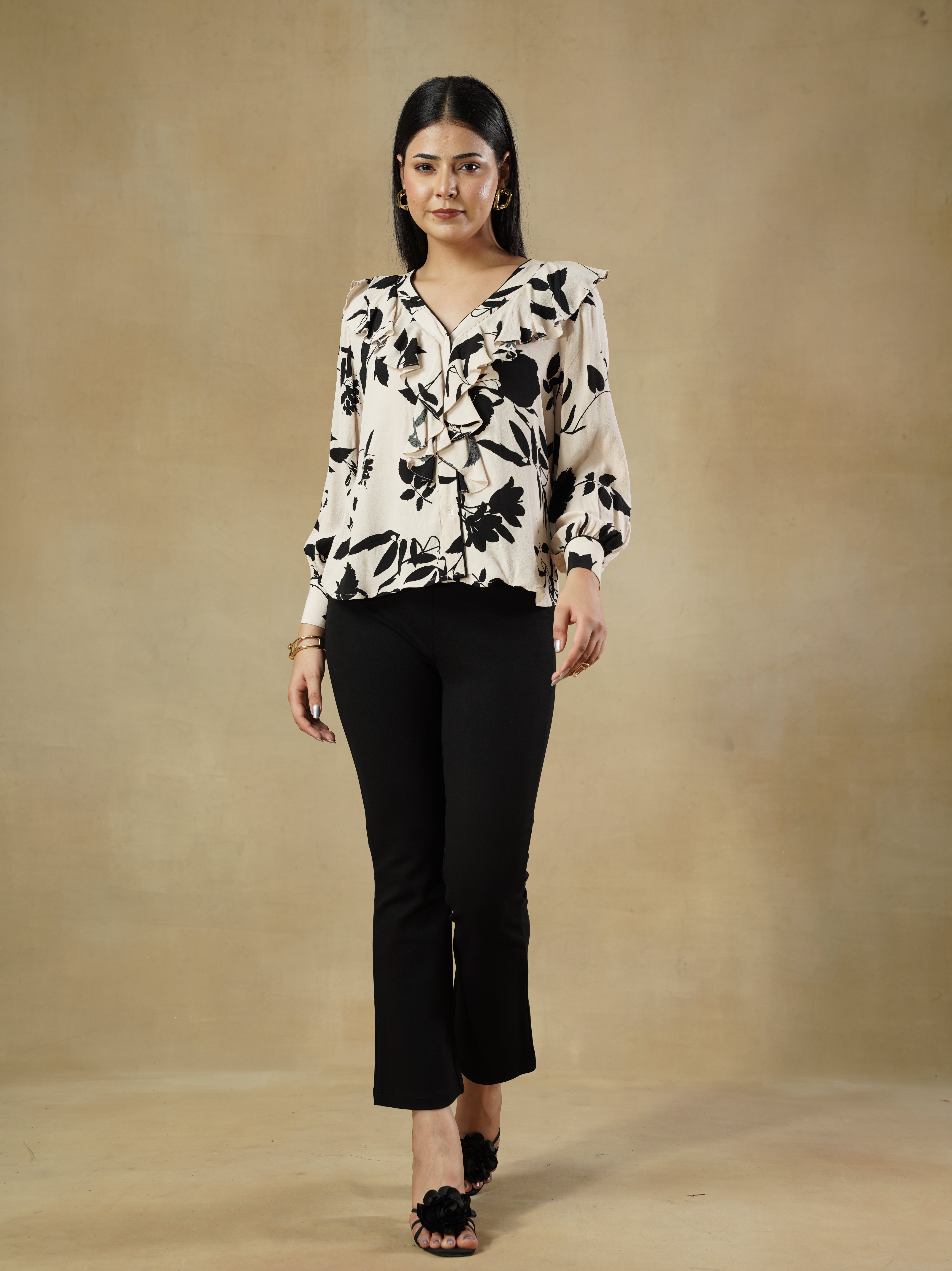 Floral Print Ruffle Shirt with Bishop Sleeves