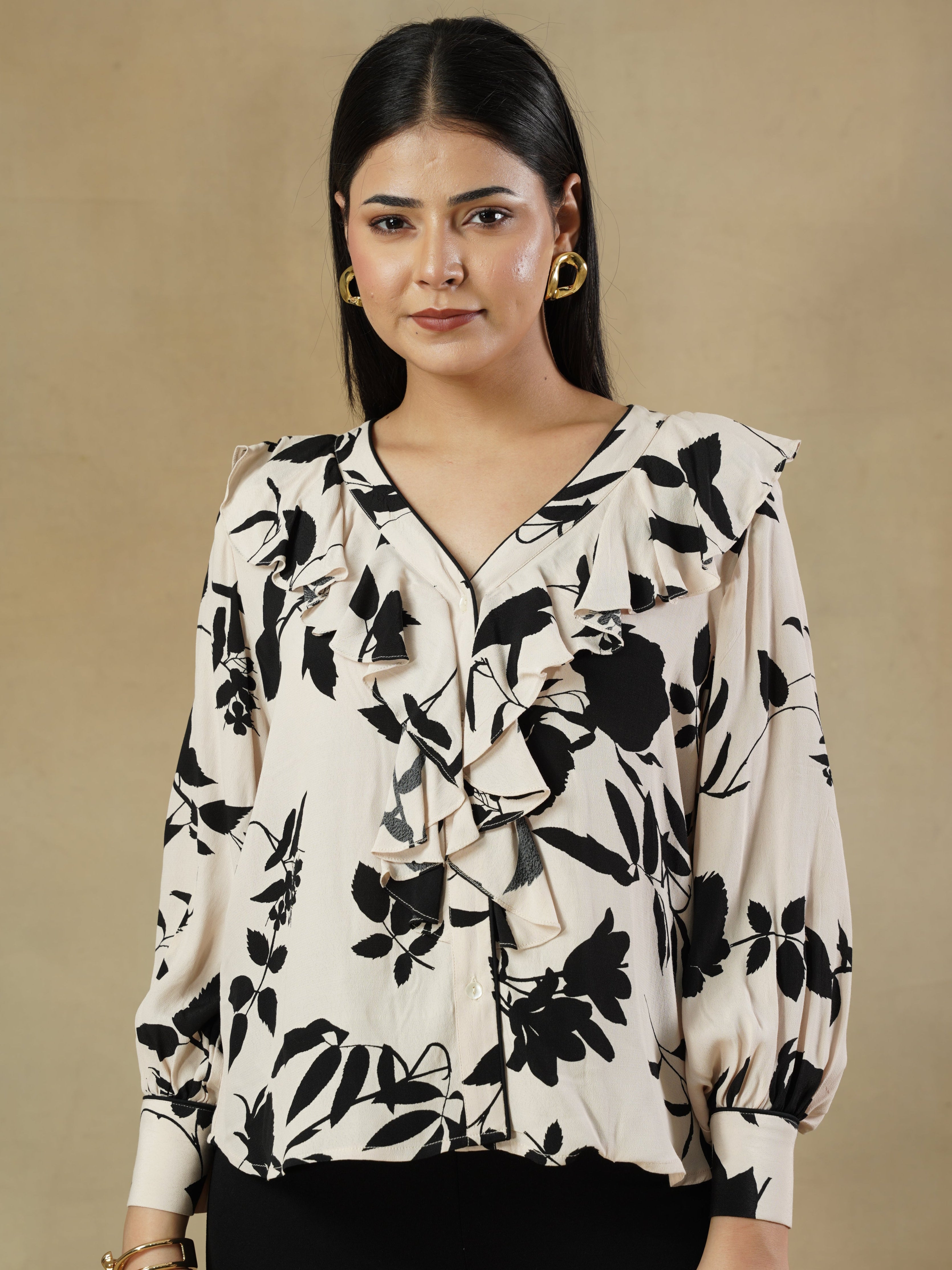 Floral Print Ruffle Shirt with Bishop Sleeves