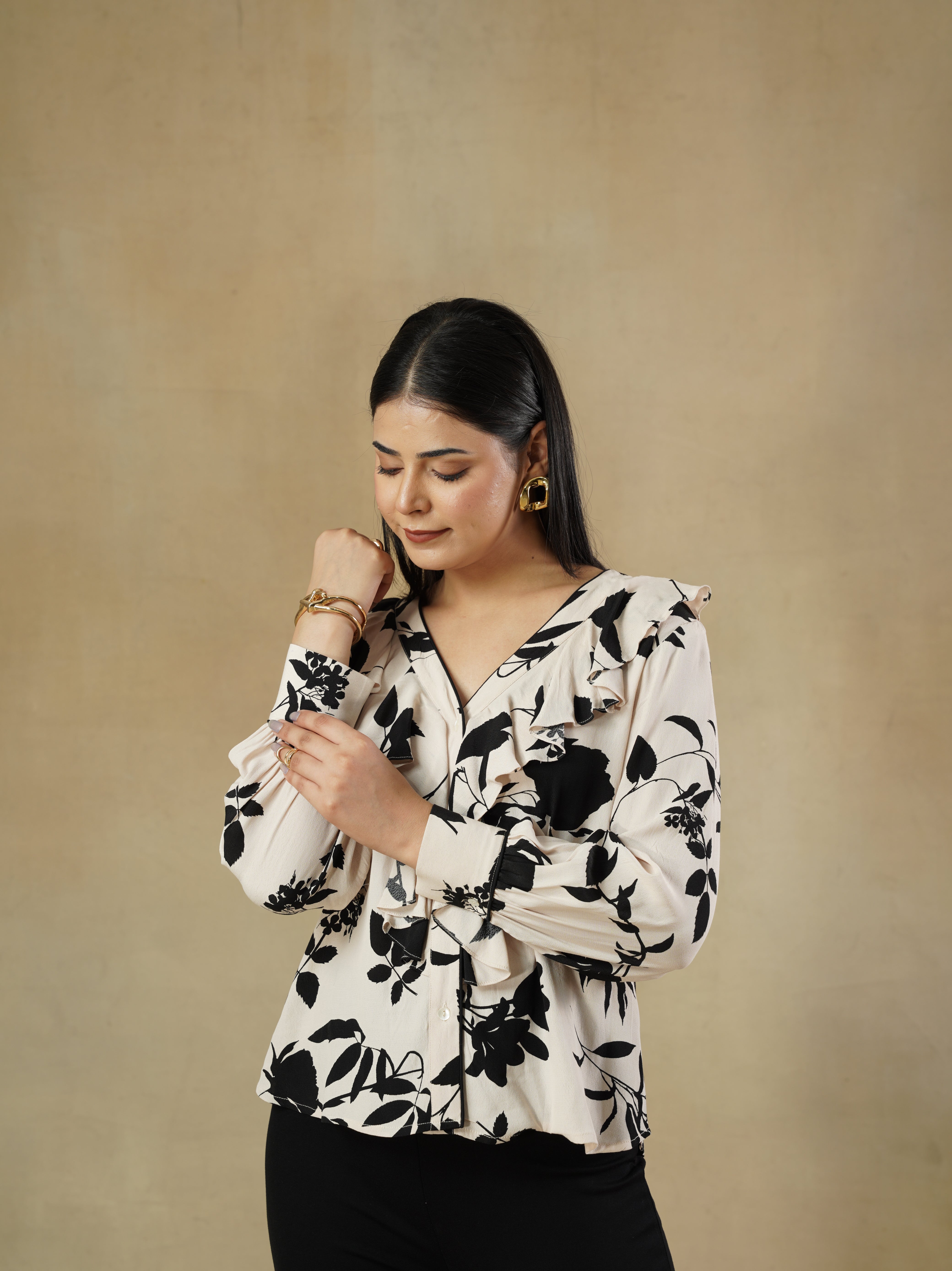 Floral Print Ruffle Shirt with Bishop Sleeves